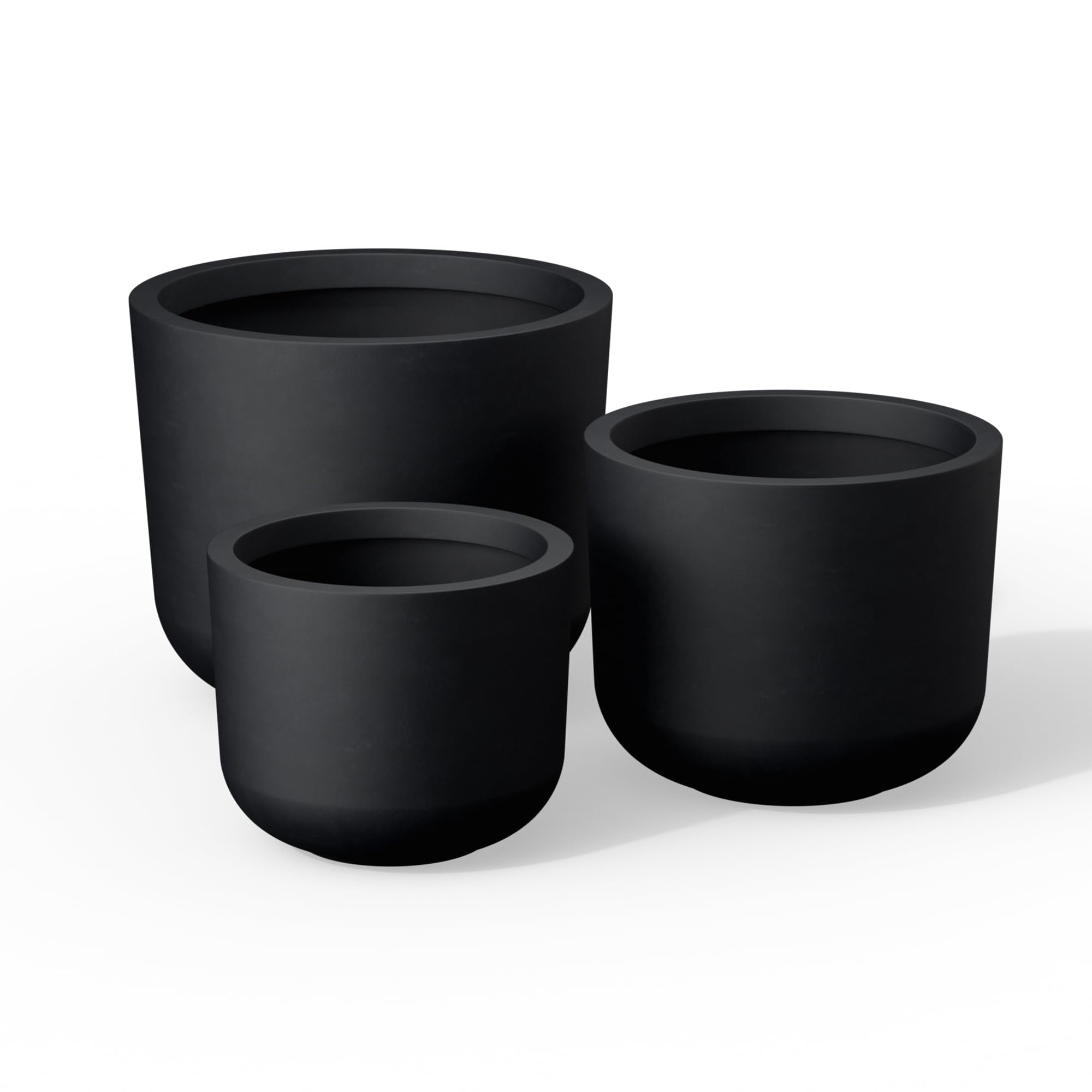 Kante 13",11",9" Dia Black Round Planters (Set of 3), Outdoor Indoor Modern Planter Pots, Lightweight, Weather Resistant, Seamless with Drainage Hole
