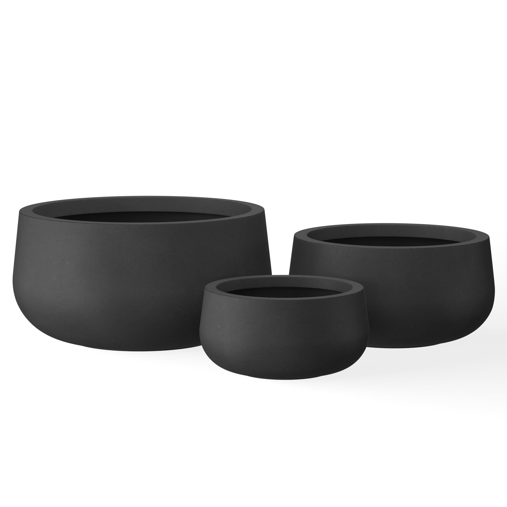 Kante 19.6",15.7",11.8" Dia Round Concrete Planters Set of 3, Outdoor Indoor Garden Plant Pots with Drainage Hole and Rubber Plug, Modern Curvaceous Design, Black