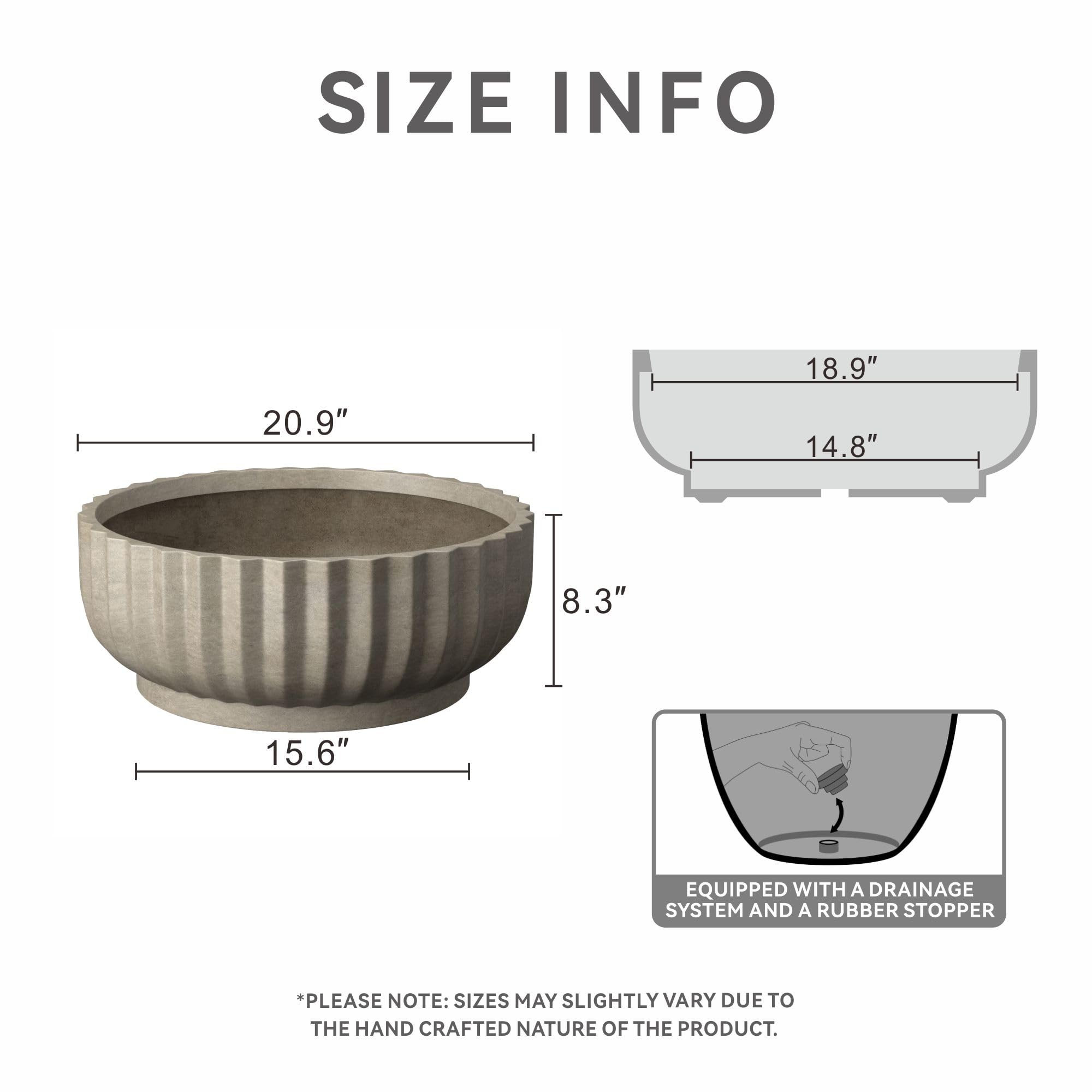 Kante Round Fulted Bowl Planter, 20.9 Inch Dia Large Concrete Flower Pots with Drainage Hole and Rubber Plug, Suitable for for Indoor Outdoor Plants, Home, Patio, Garden, Weathered Concrete - Image 2