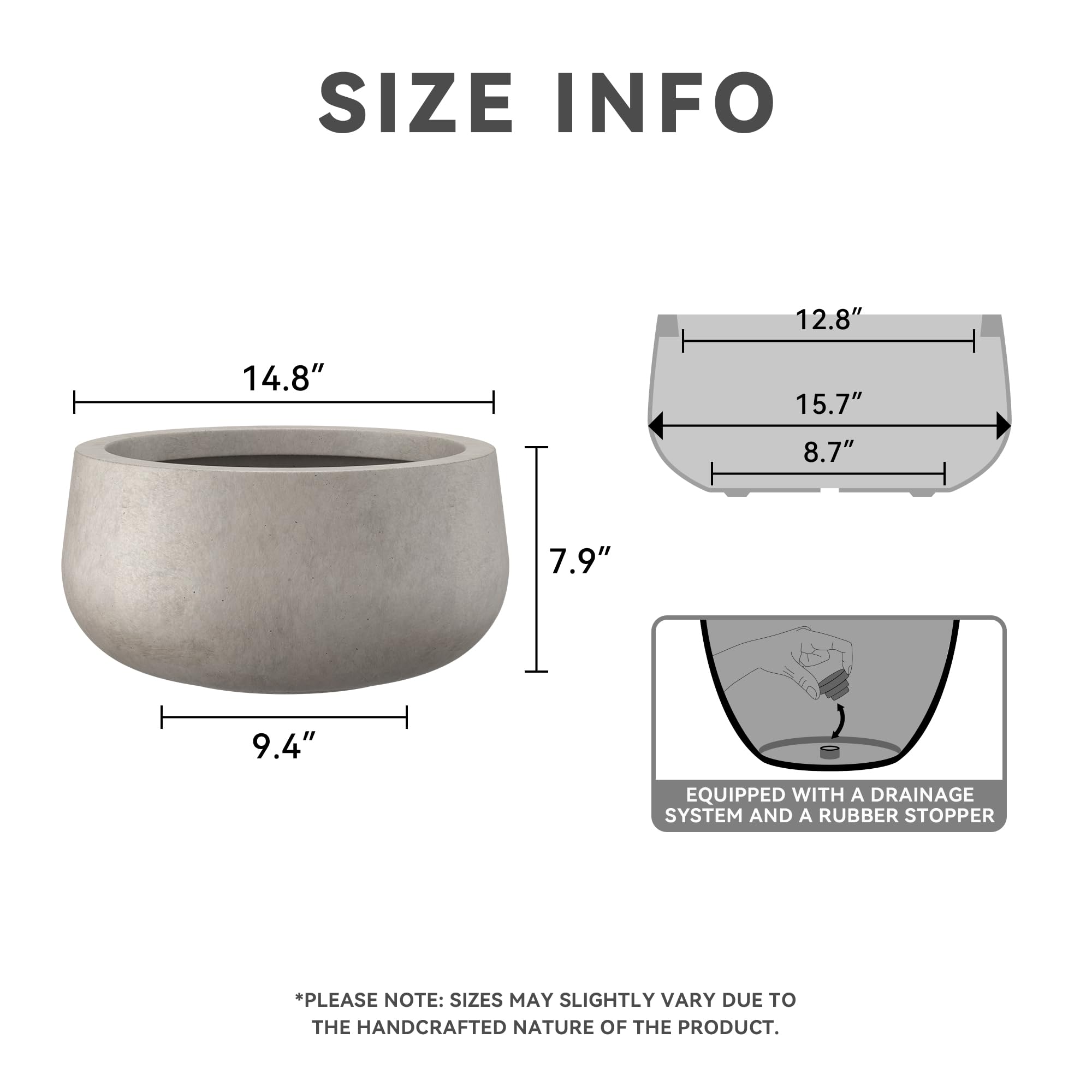 Kante 15.7" Dia Round Concrete Planter, Outdoor Indoor Garden Plant Pots with Drainage Hole and Rubber Plug, Modern Curvaceous Design, Weathered Concrete - Image 2