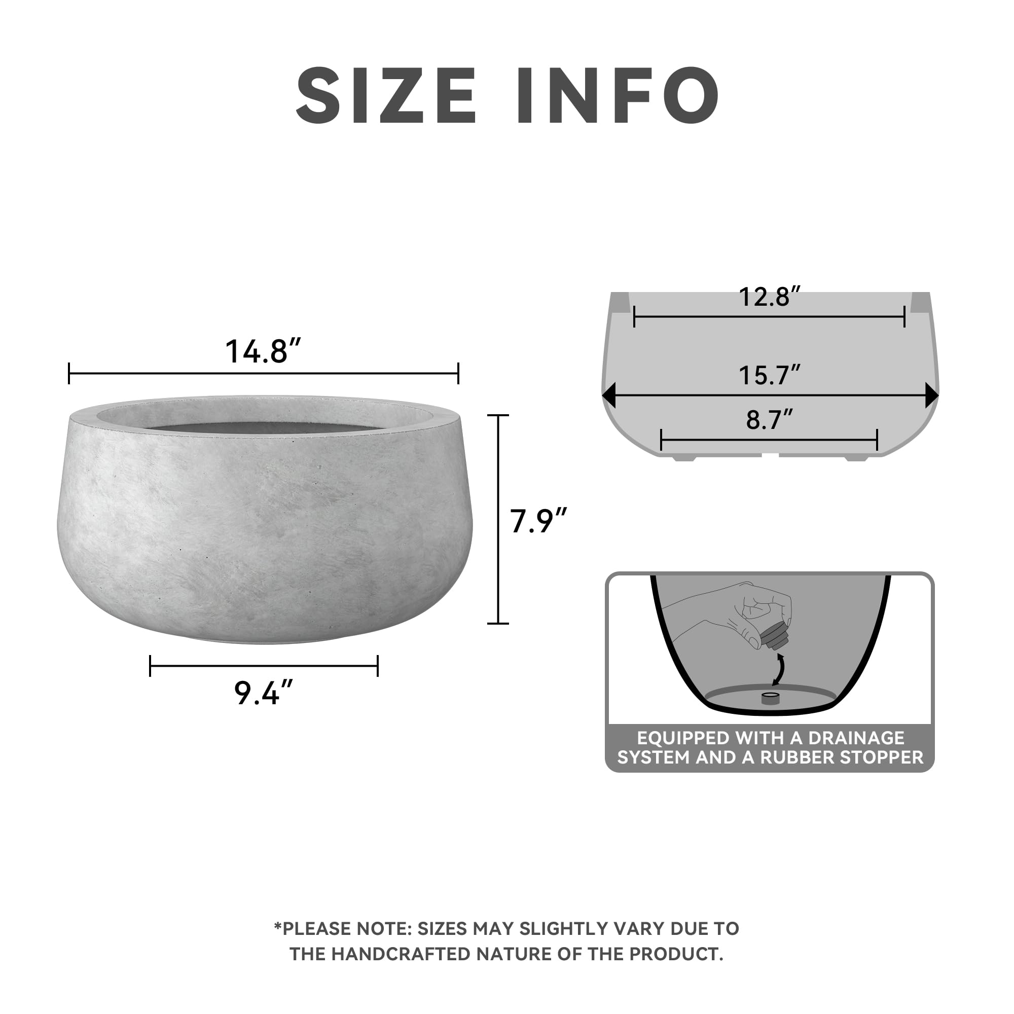 Kante 15.7" Dia Round Concrete Planter, Outdoor Indoor Garden Plant Pots with Drainage Hole and Rubber Plug, Modern Curvaceous Design, Natural Concrete - Image 2
