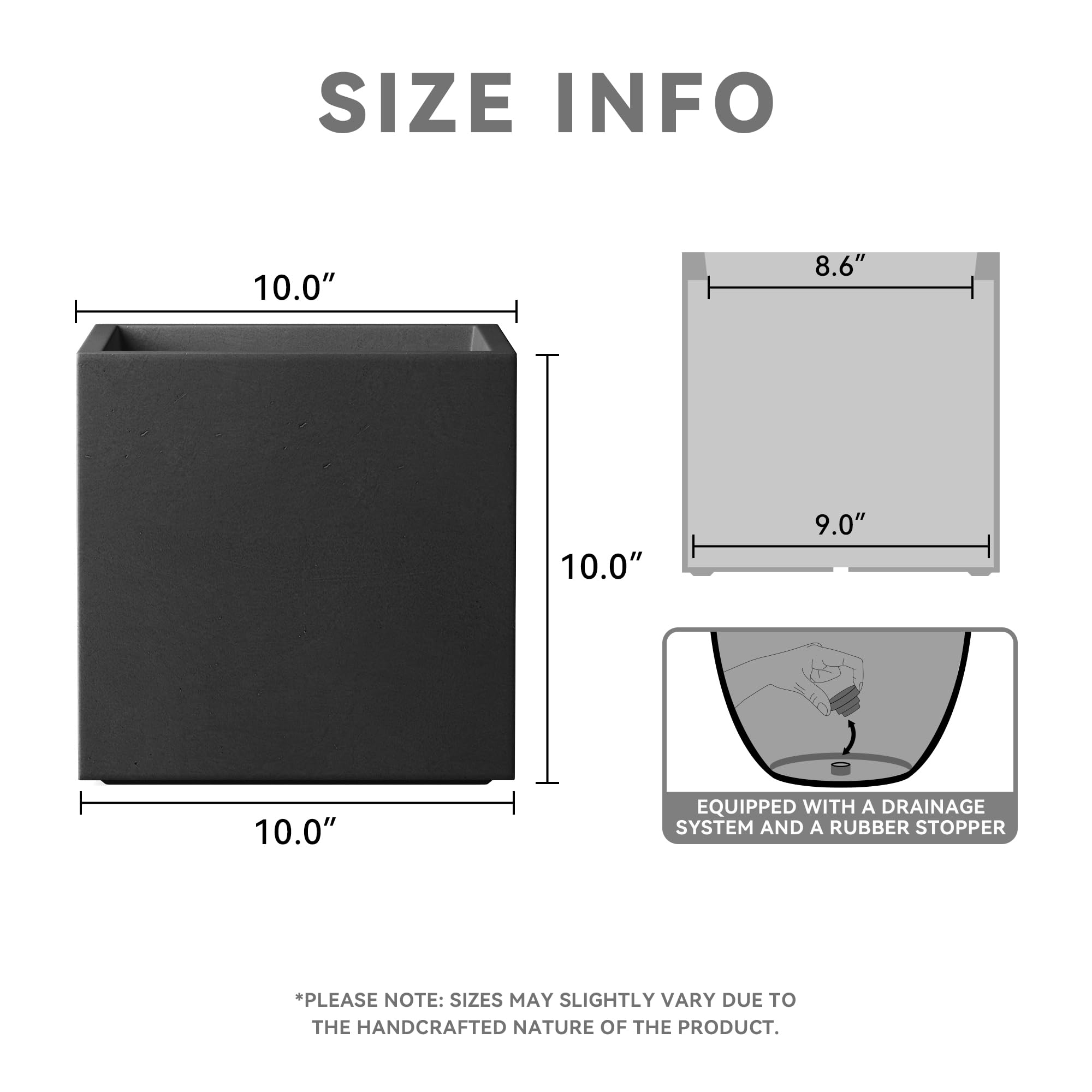 Kante 10 Inch Square Concrete Planter for Outdoor Indoor Home Patio Garden, Large Plant Pot with Drainage Hole and Rubber Plug, Black - Image 2