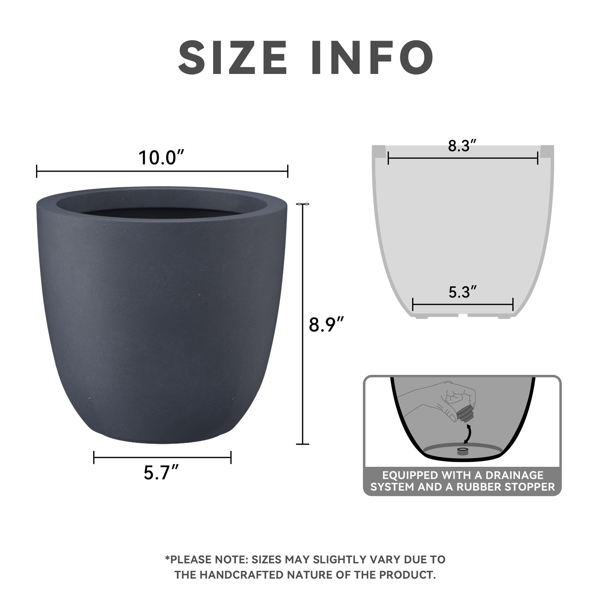Kante 10 Inch Dia Round Concrete Planter, Indoor Outdoor Large Plant Pot with Drainage Hole and Rubber Plug for Home Patio Garden, Charcoal - Image 4