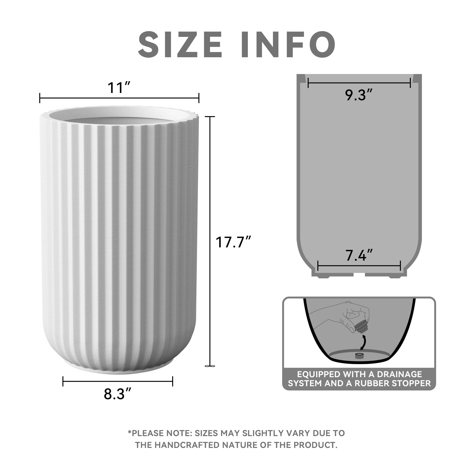 Kante Tall Fulted Planter, 17.7 Inch Tall Round Concrete Plant Pots with Drainage Hole and Rubber Plug, Modern Decor for Indoor Outdoor Plants, Flower, White - Image 2