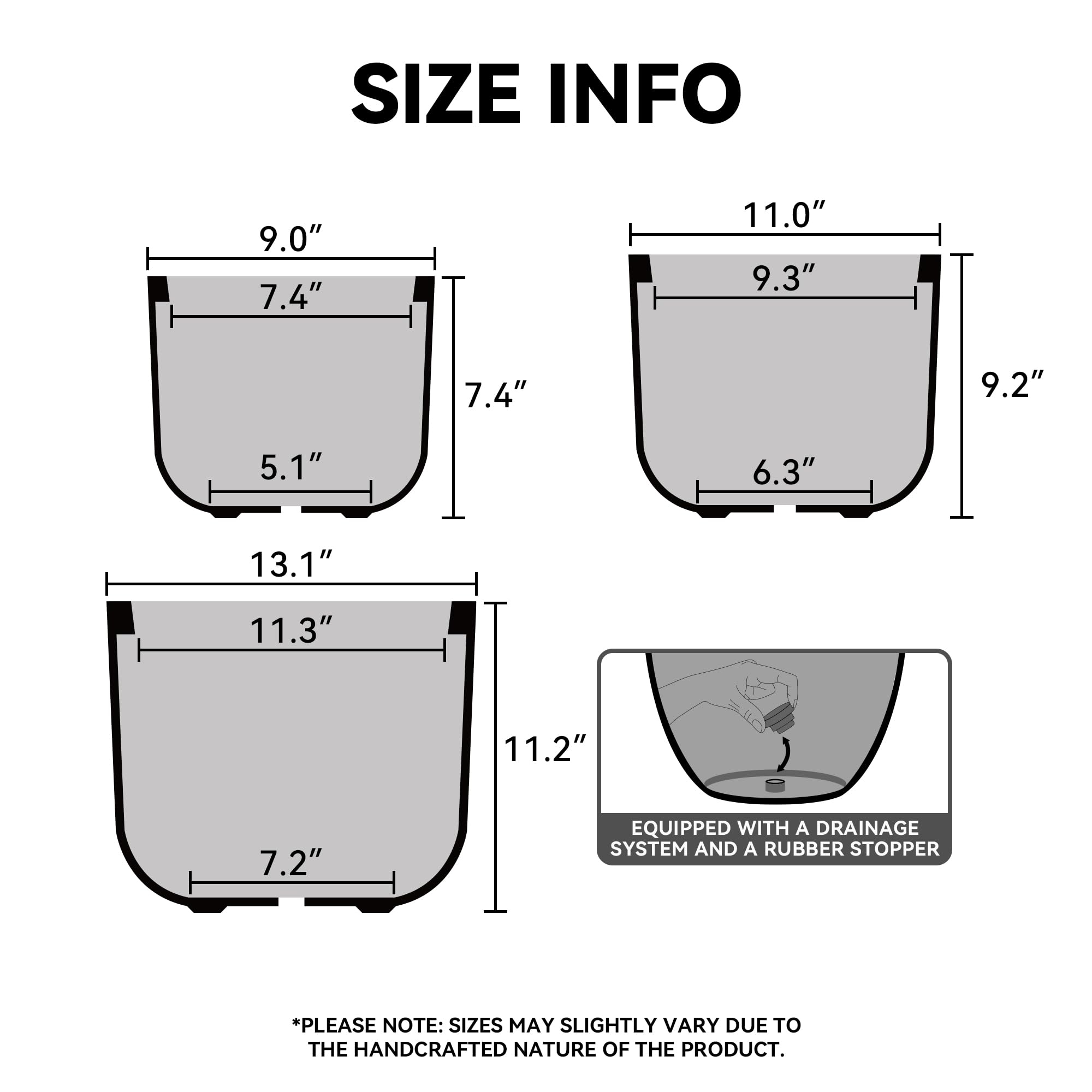 Kante Set of 3 Weathered Concrete Planters, Graduated Sizes 13",11",9" Dia, 7.4" to 11.2" Tall Lightweight Round Pots with Drainage Hole, Modern Nesting Containers for Indoor Outdoor, Patio - Image 2
