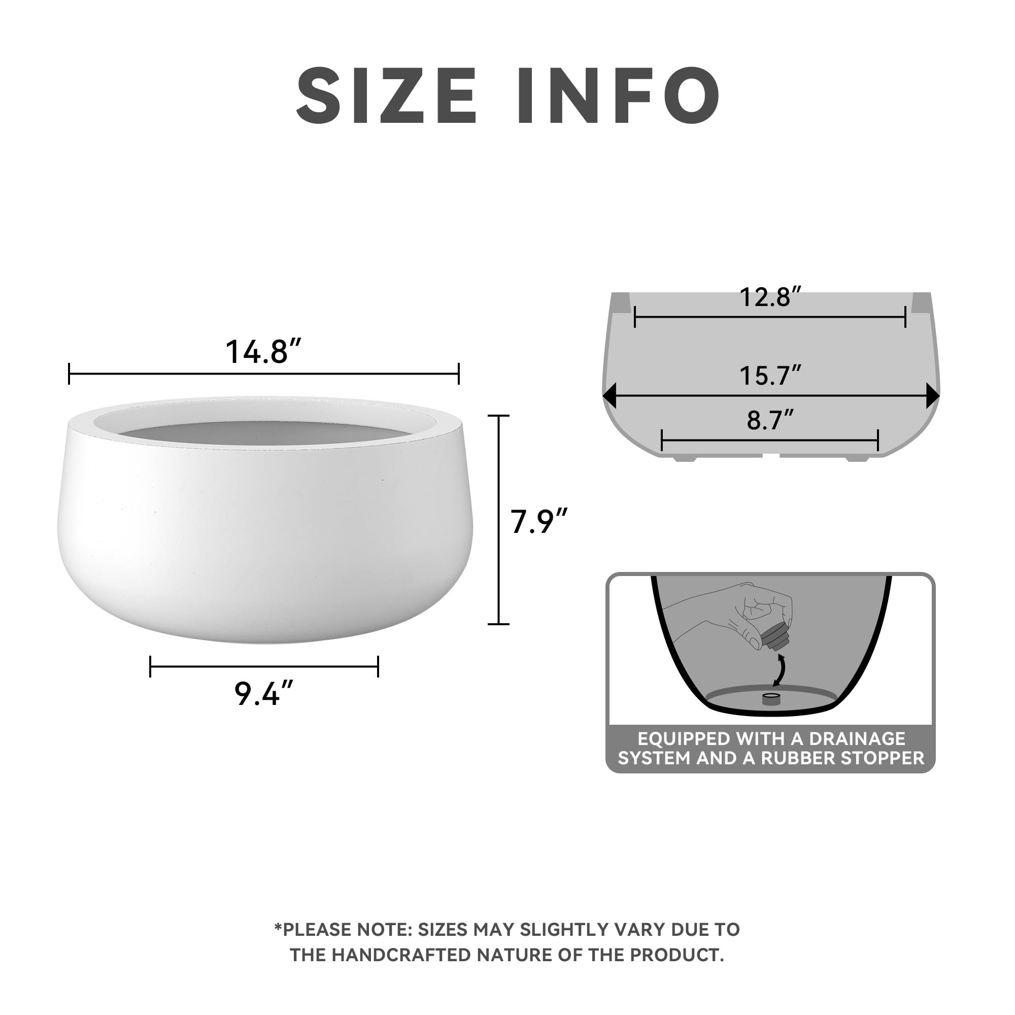 Kante 15.7" Dia Round Concrete Planter, Outdoor Indoor Garden Plant Pots with Drainage Hole and Rubber Plug, Modern Curvaceous Design, Pure White - Image 3