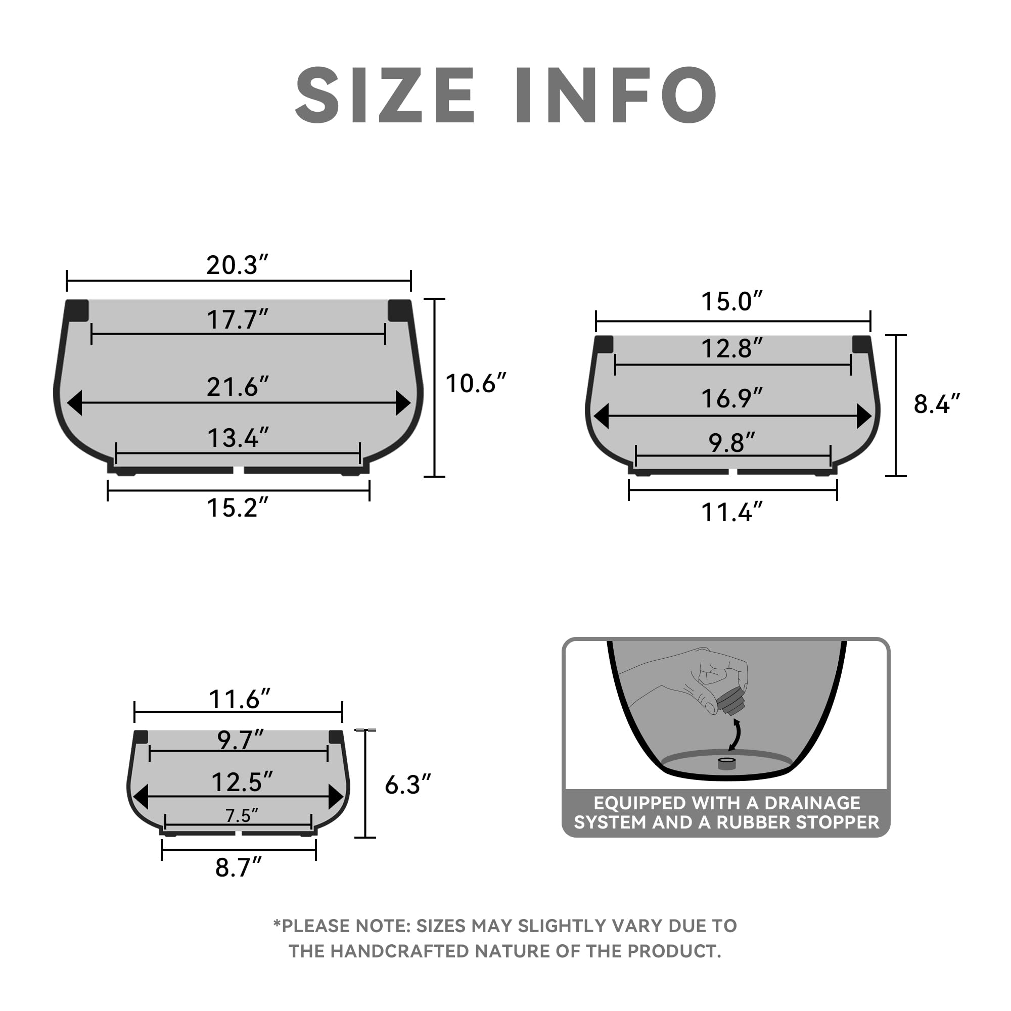 Kante 21.6",16.9",and 12.5" Dia Round Weathered Concrete Elegant Planters (Set of 3), Outdoor Indoor Garden Plant Pot with Drainage Hole and Rubber Plug for Home & Patio - Image 2
