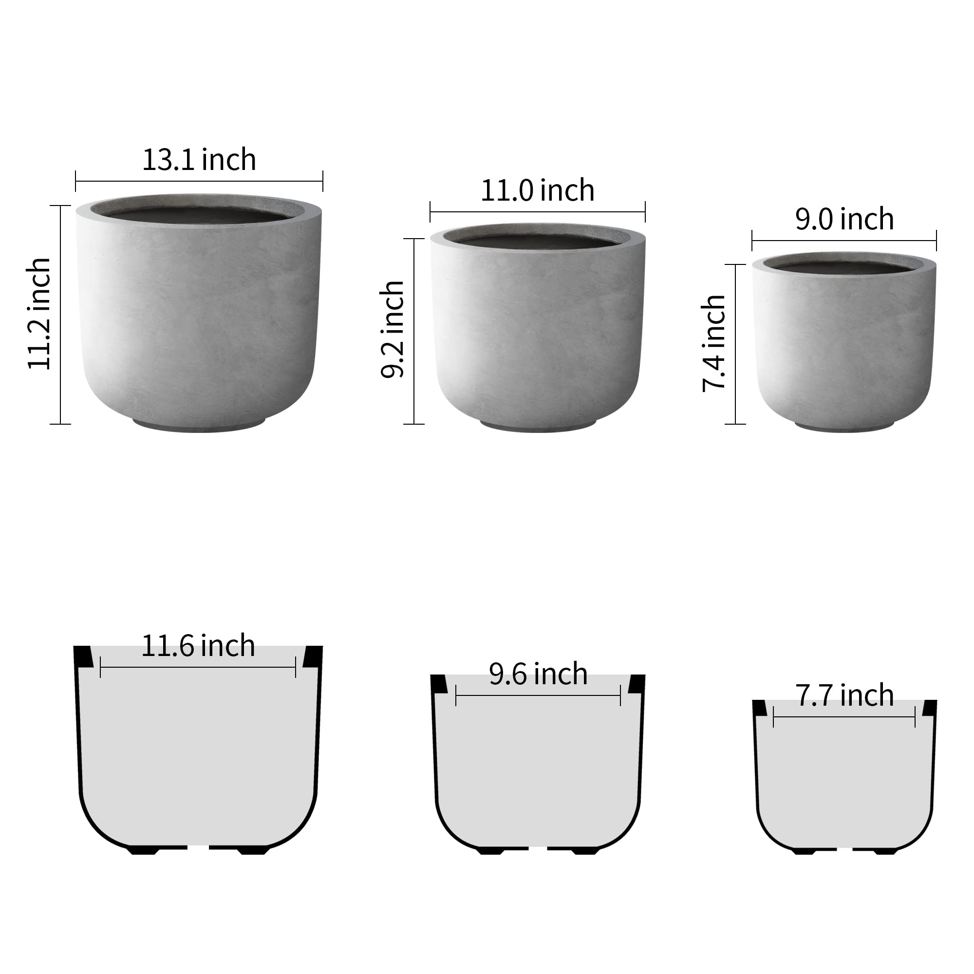 Kante 13",11",9" Dia Natural Concrete Round Planters (Set of 3), Outdoor Indoor Modern Planter Pots, Lightweight, Weather Resistant, Seamless with Drainage Hole - Image 2