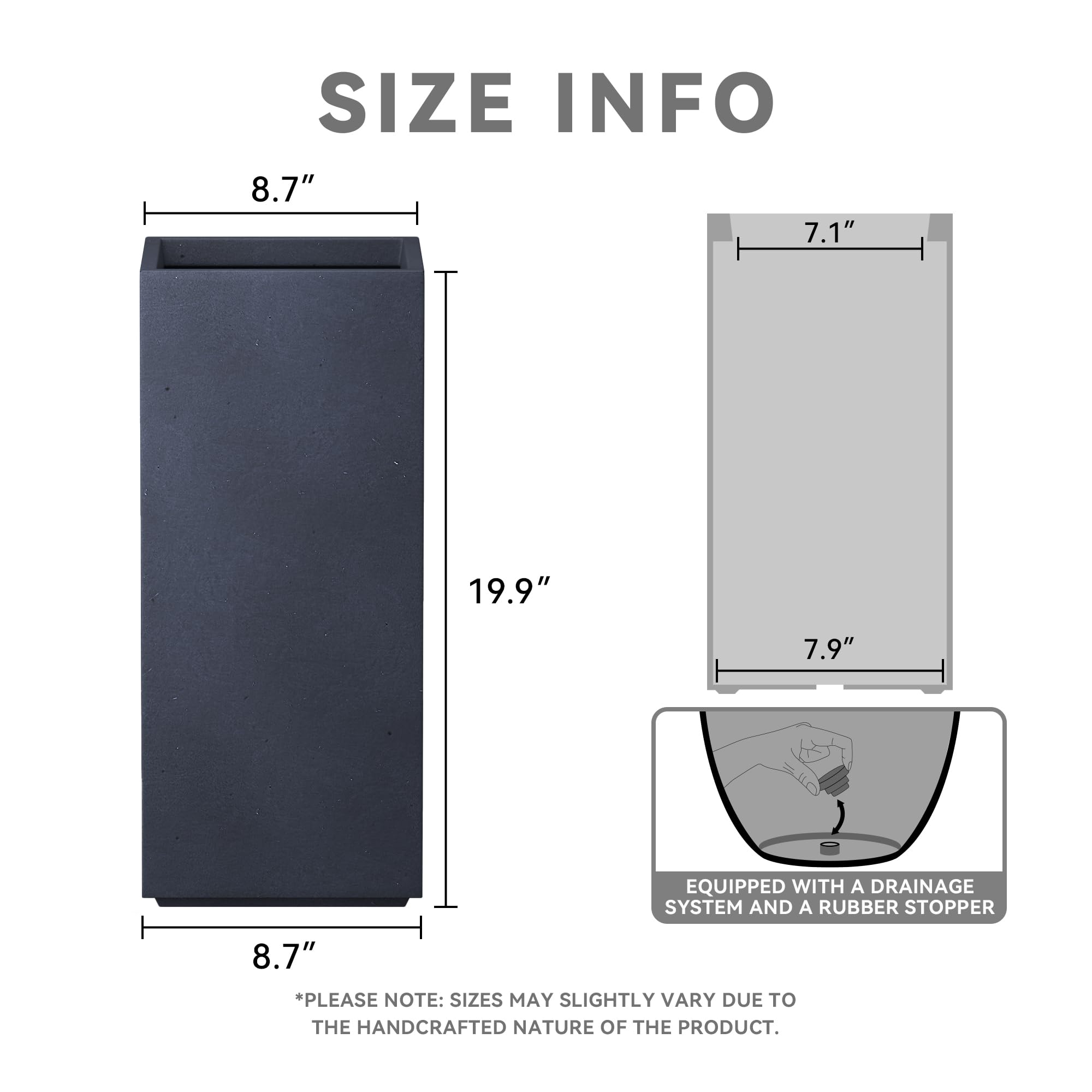 Kante 19.9" Tall Rectangular Concrete Planter, Modern Minimalist Dark Gray Plant Pot with Drainage Hole & Rubber Plug, Lightweight Planter for Indoor Outdoor Patio Garden Front Yard Decor - Image 2
