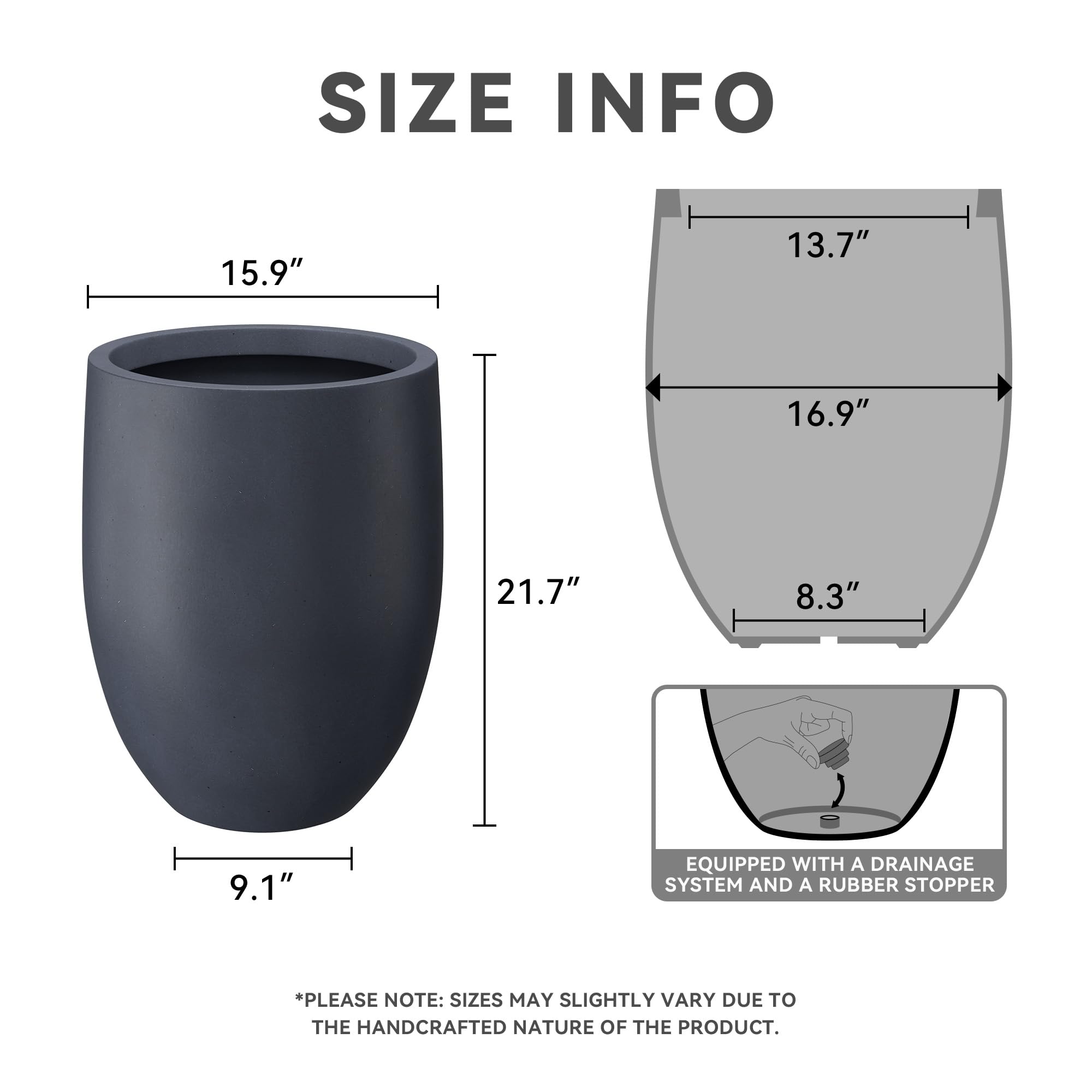 Kante 21.7" H Dark Gray Concrete Tall Planter, Large Outdoor Indoor Decorative Pot with Drainage Hole and Rubber Plug, Modern Round Style for Home and Garden - Image 2