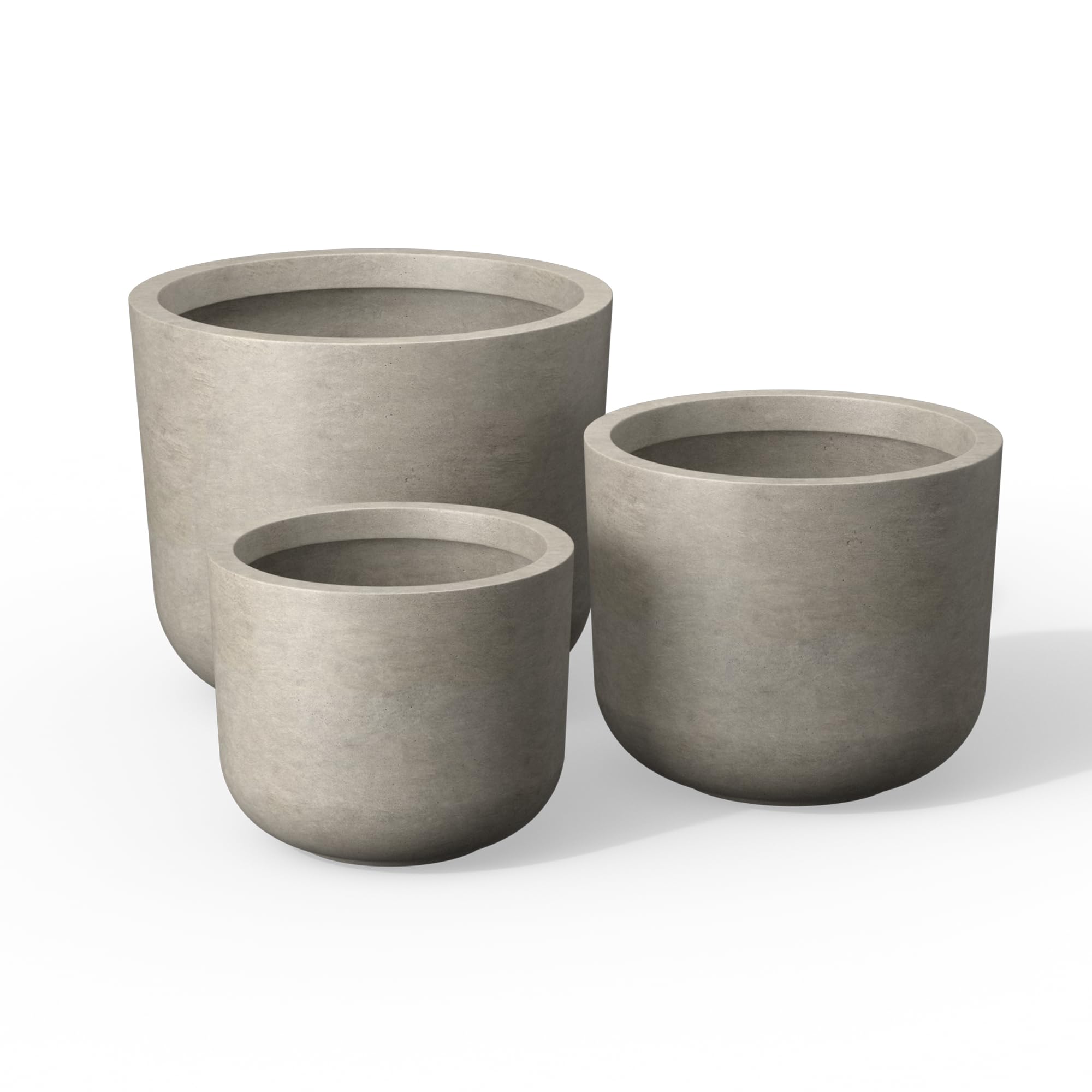 Kante Set of 3 Weathered Concrete Planters, Graduated Sizes 13",11",9" Dia, 7.4" to 11.2" Tall Lightweight Round Pots with Drainage Hole, Modern Nesting Containers for Indoor Outdoor, Patio