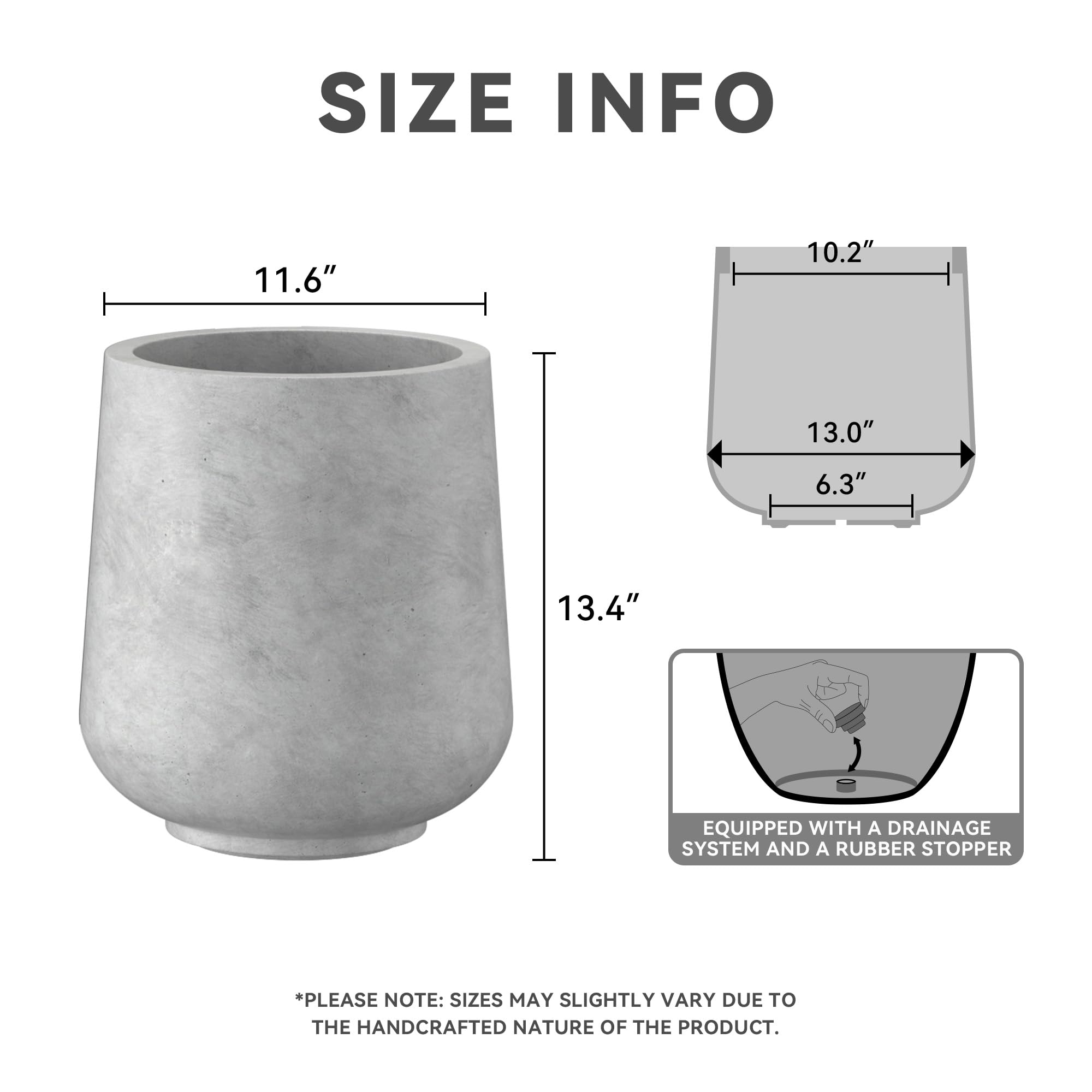 Kante 11.6" Dia Round Concrete Planter, Outdoor Indoor Large Plant Pots Containers with Drainage Hole and Rubber Plug for Home Garden Patio, Gray Concrete - Image 2