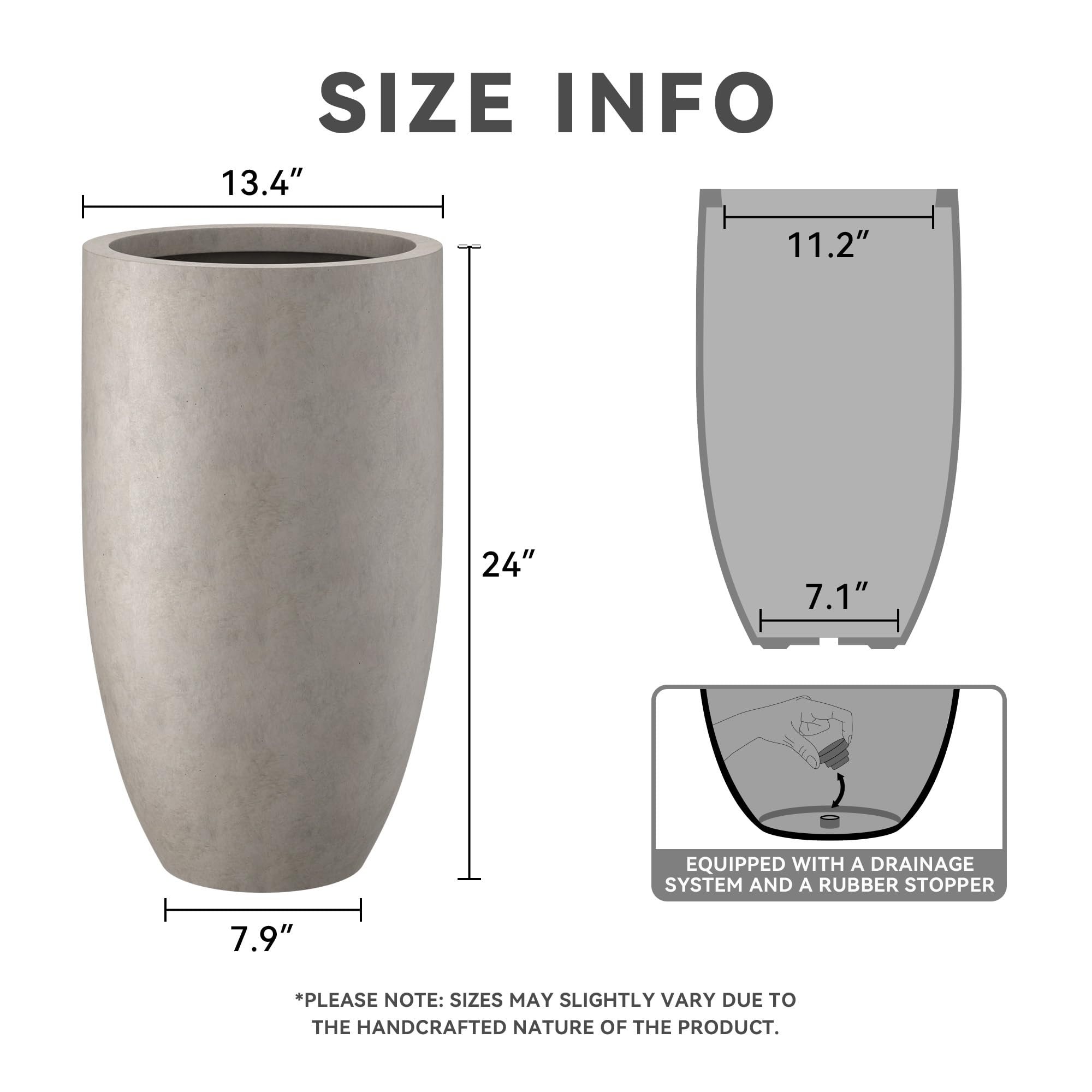 Kante 24" Tall Round Concrete Planter, 2 Pack Large Oval Plant Pots with Drainage Hole & Rubber Plug, Lightweight Weathered Concrete for Home Decor, Symmetrical Gift for Living Room Patio - Image 2