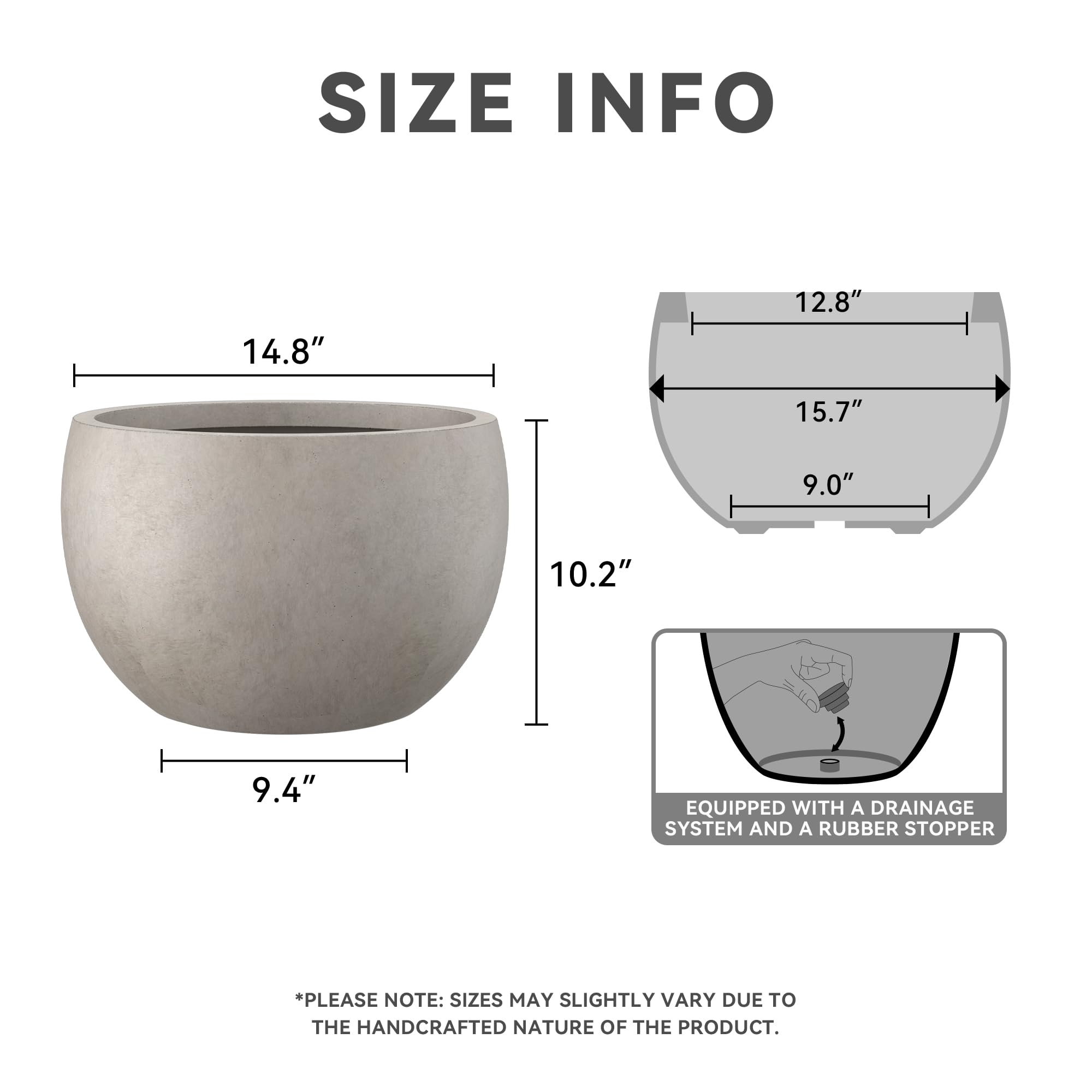 Kante 10 in x 15-16 in Low Concrete Planter, Wide Bowl Plant Pot with Drainage Hole & Rubber Plug Breathable Handmade Cement Container for Succulents, Tabletop, Patio, Weathered Concrete - Image 2
