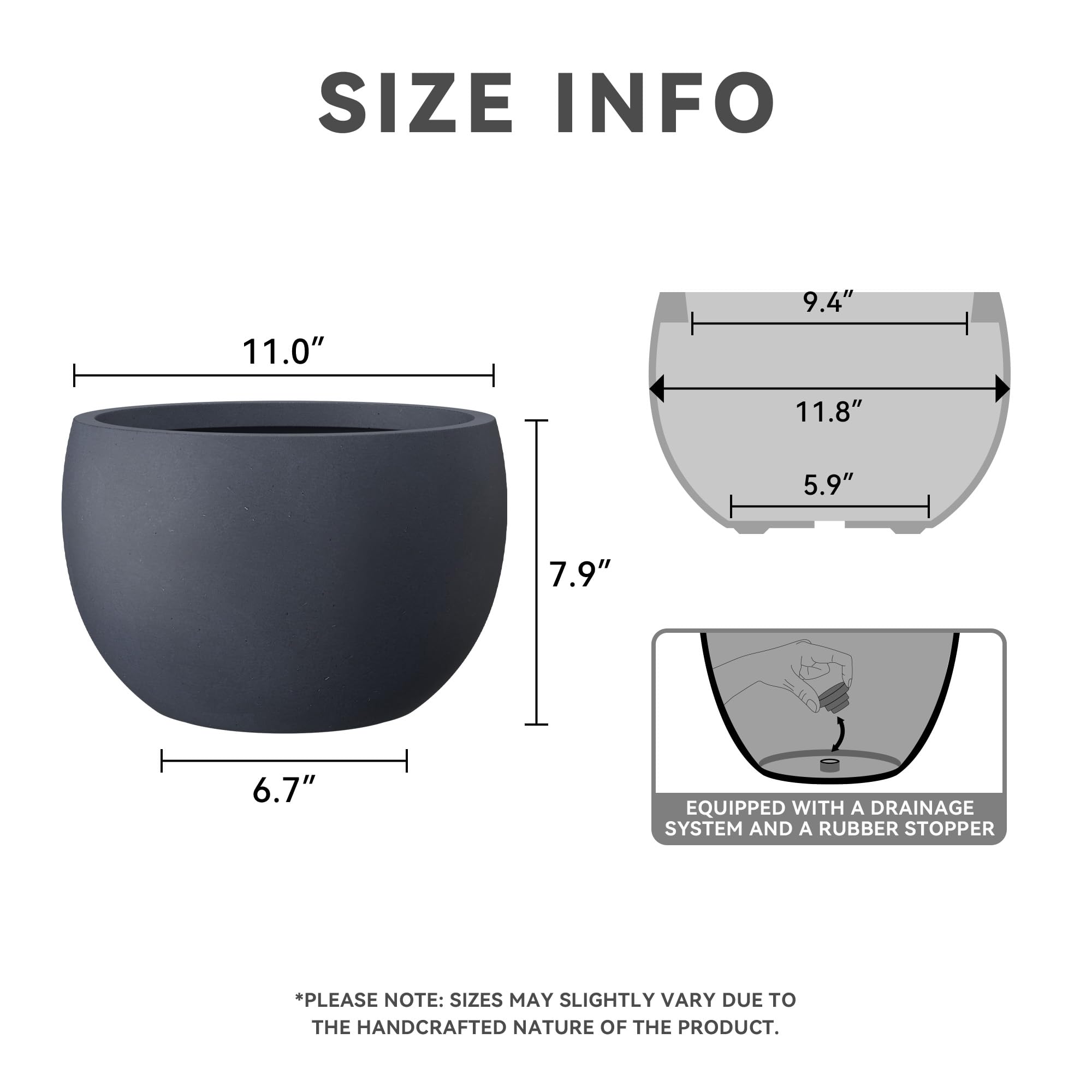 Kante 11.8" Dia Round Concrete Planter, Outdoor/Indoor Large Bowl Plant Pots with Drainage Hole and Rubber Plug for Garden Patio Balcony Home, Charcoal - Image 2