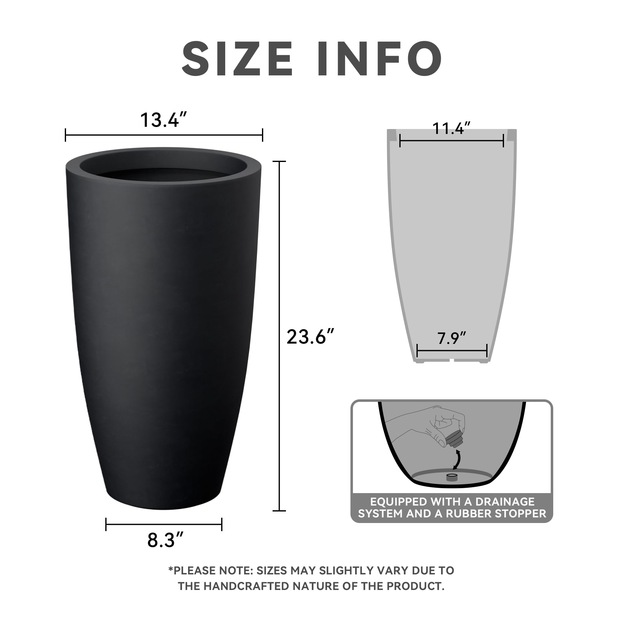 Kante 23.6" H Black Tall Planters (Set of 2), Large Outdoor Indoor Decorative Plant Pots with Drainage Hole and Rubber Plug, Modern Style for Home and Garden - Image 2