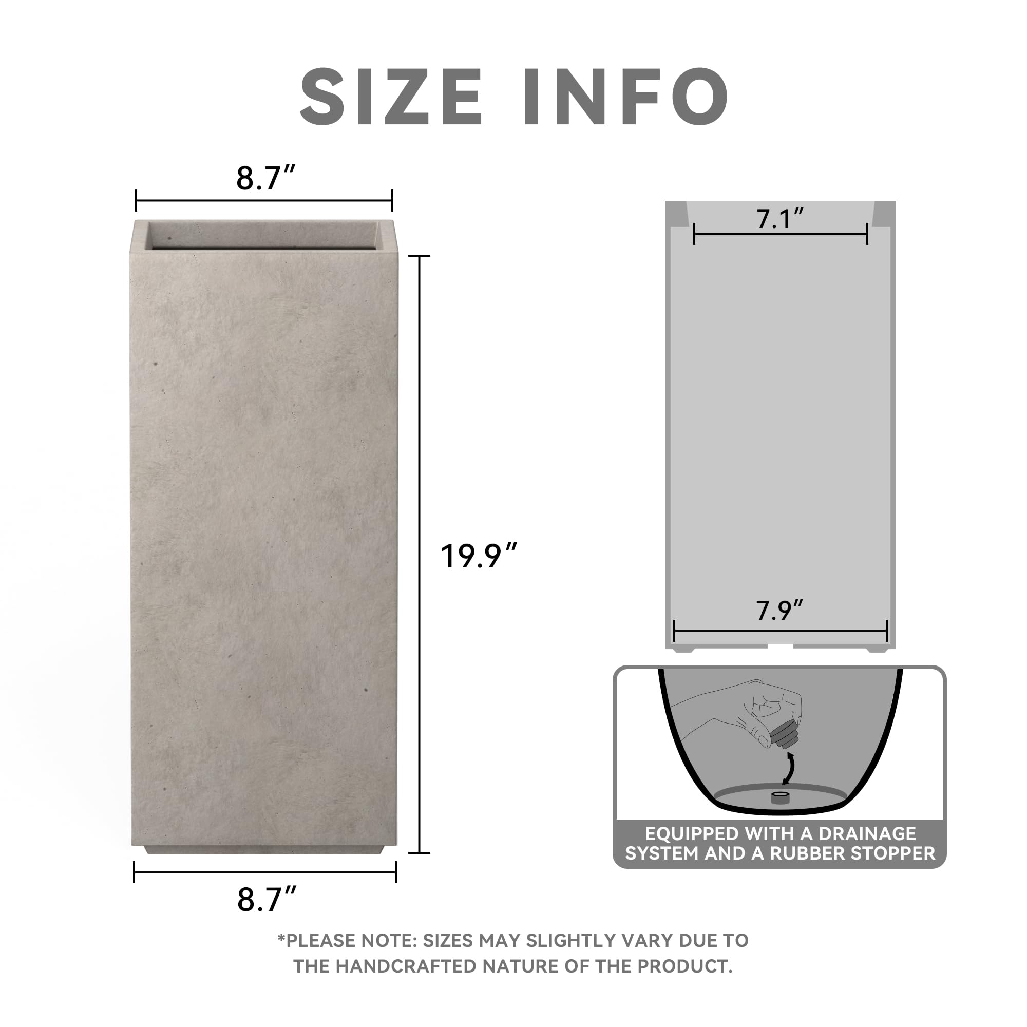 Kante 19.9" H Tall Rectangular Concrete Planter, Modern Square Diameter Plant Pot with Drainage Hole and Rubber Plug for Indoor Outdoor Home Patio Garden, Weatheted Concrete - Image 2