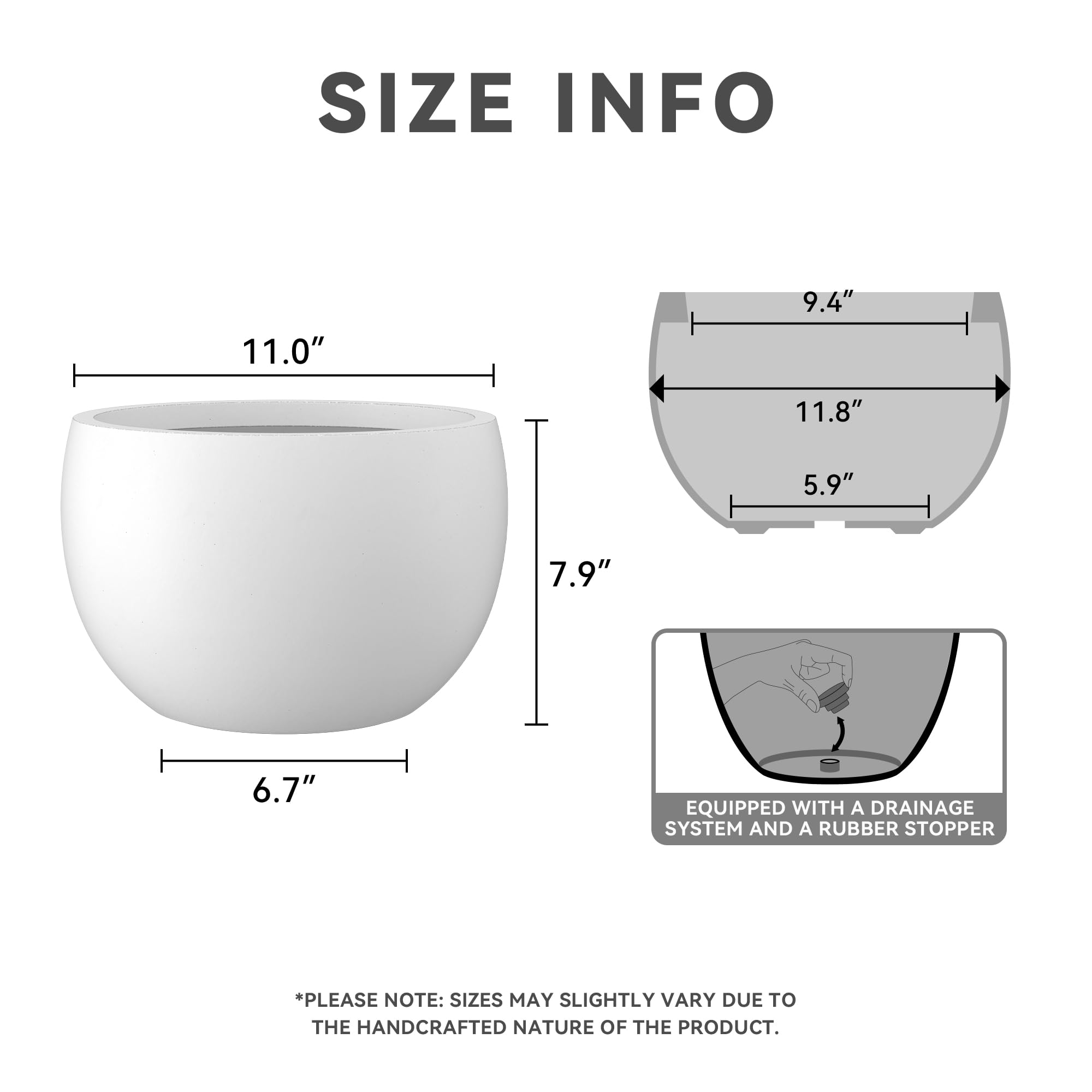 Kante 11.8" Dia Round Concrete Planter, Outdoor/Indoor Large Bowl Plant Pots with Drainage Hole and Rubber Plug for Garden Patio Balcony Home, Pure White - Image 2