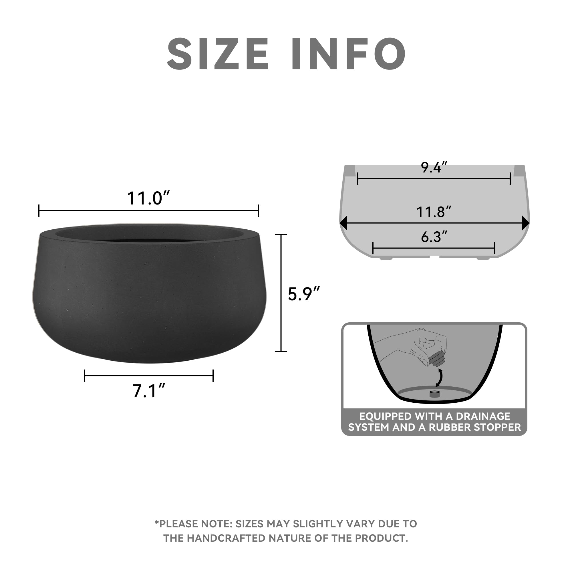Kante 11.8" Dia Round Concrete Planter, Cement Plant Pots with Drainage Hole and Rubber Plug for Outdoor Indoor Garden Home, Modern Curvaceous Design, Black - Image 2
