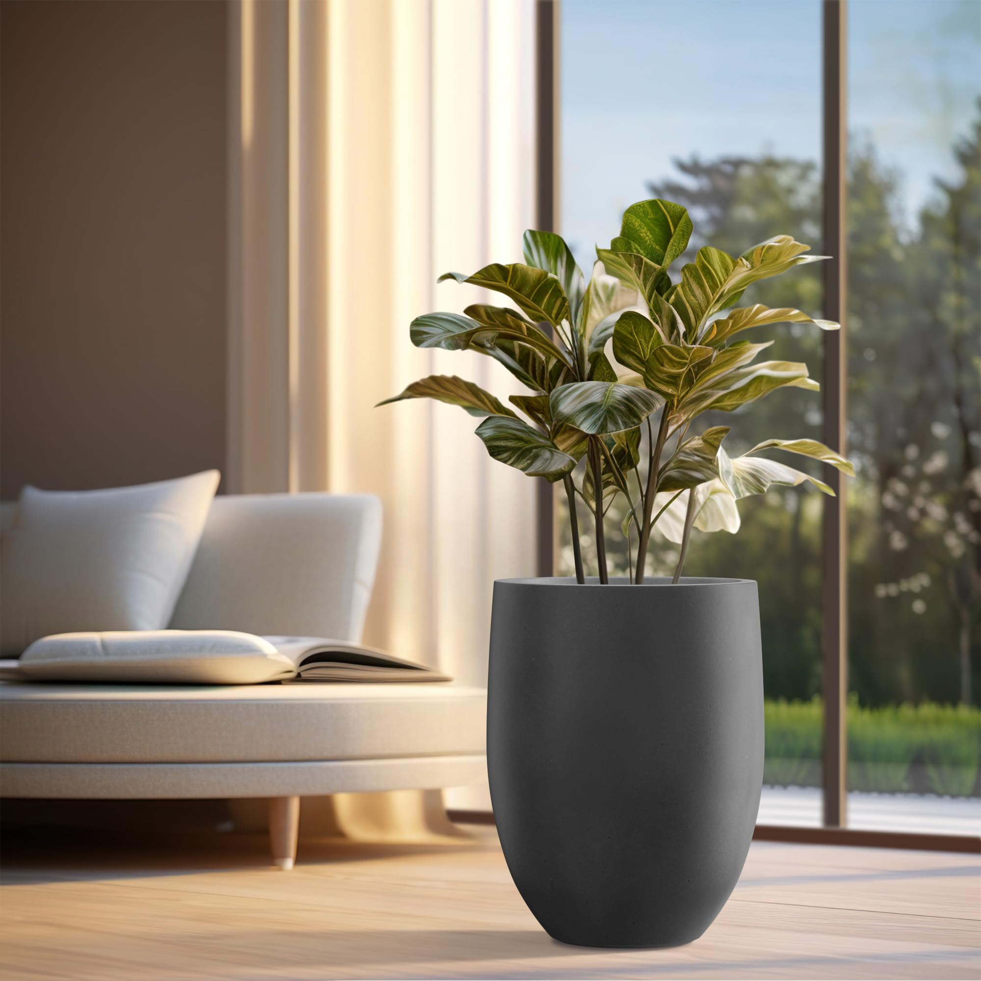 Kante 21.7" H x 16.9" W Large Concrete Planter, Tall Tapered Plant Pot with Drainage Hole & Rubber Plug Deep Black Handmade Cement Container for Indoor Outdoor, Patio, Corner Statement Piece - Image 3