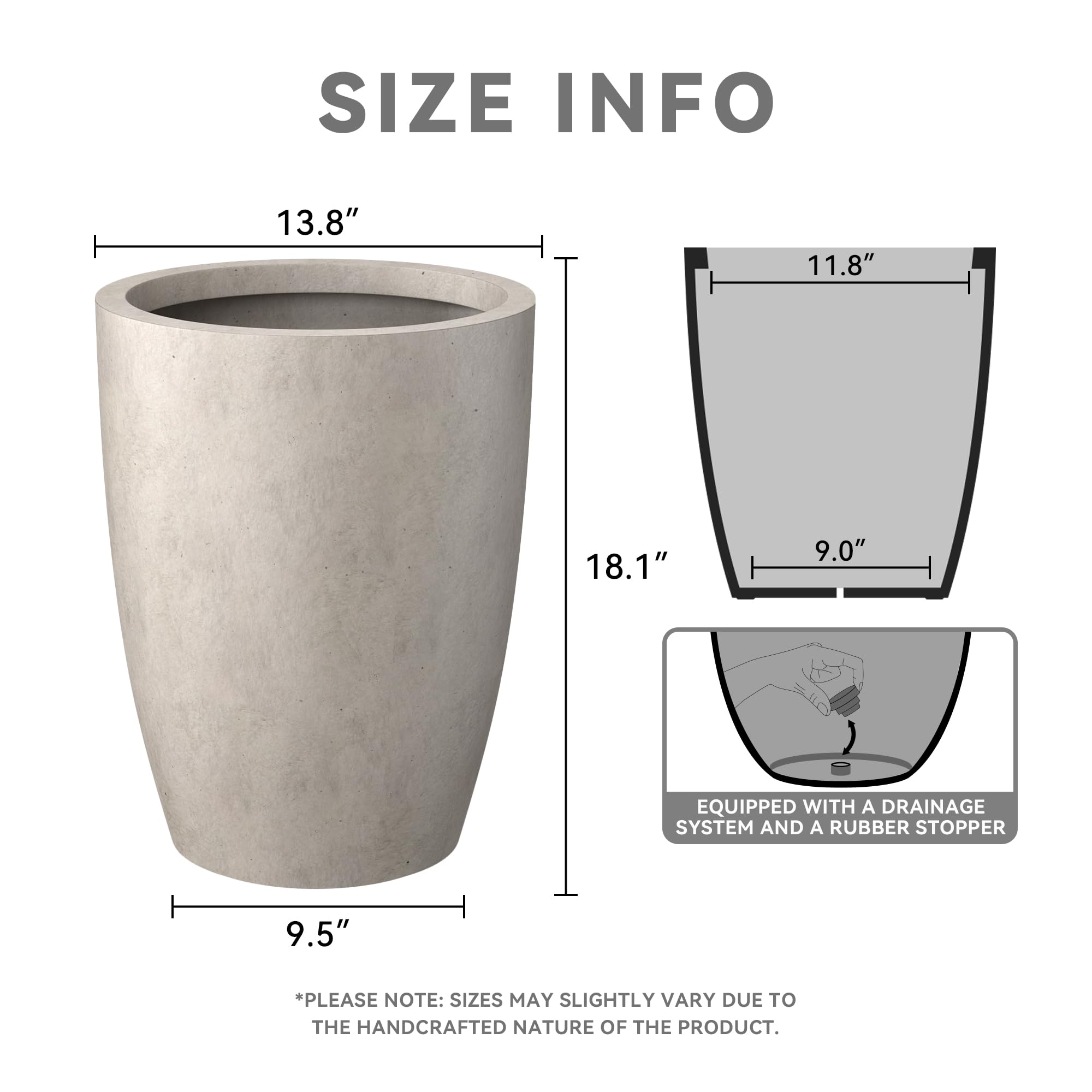 Kante 18.1" H Tall Round Concrete Planter for Outdoor Indoor, Modern Decorative Plant Pots with Drainage Hole & Rubber Plug for Home & Garden Weathered Concrete - Image 2