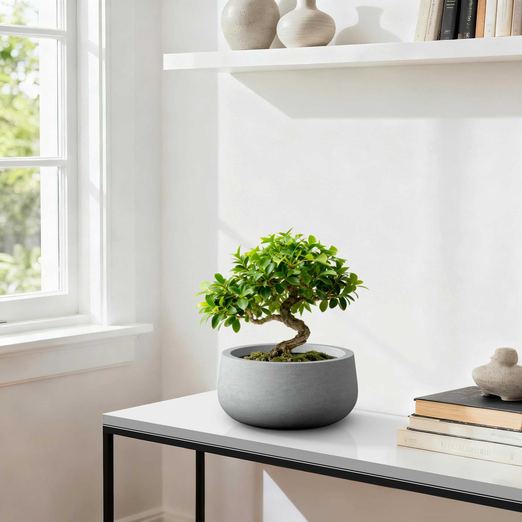Kante 15.7" Dia Round Concrete Planter, Outdoor Indoor Garden Plant Pots with Drainage Hole and Rubber Plug, Modern Curvaceous Design, Natural Concrete - Image 4