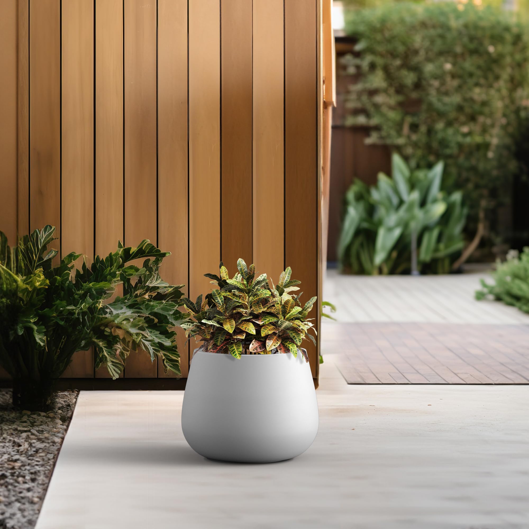 Kante 12.6" Dia Round Concrete Planter, Curva Style Garden Pot with Drainage Hole for Indoor & Outdoor Plants, Ideal for Tree, Flowers, Shrubs, White - Image 6