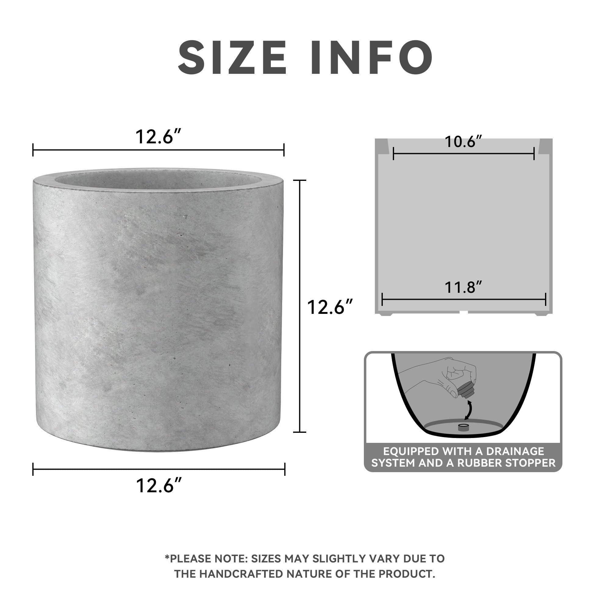 Kante 12.6" Dia Round Concrete Planter, Modern Style Large Cylindrical Plant Pot with Drainage Hole and Rubber Plug for Indoor Outdoor Patio, Natural Concrete - Image 3