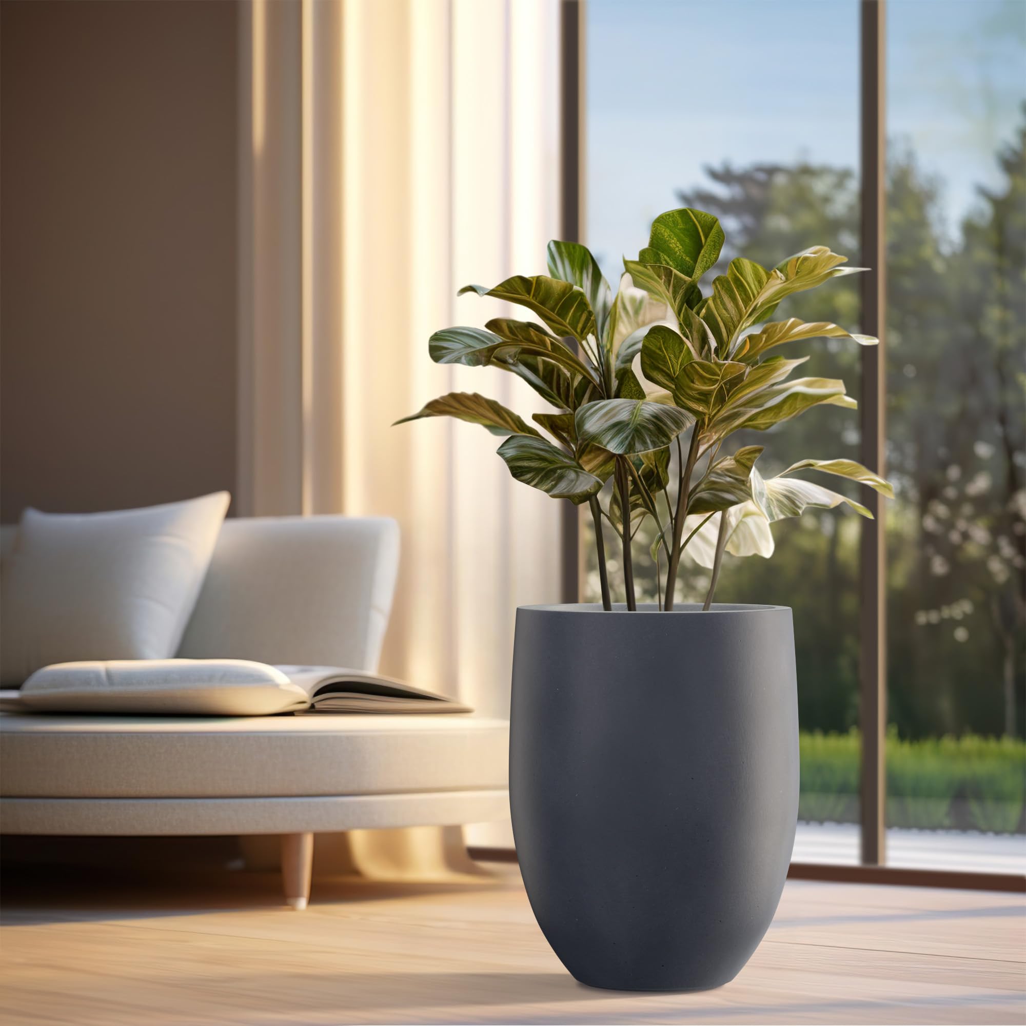 Kante 21.7" H Dark Gray Concrete Tall Planter, Large Outdoor Indoor Decorative Pot with Drainage Hole and Rubber Plug, Modern Round Style for Home and Garden - Image 4