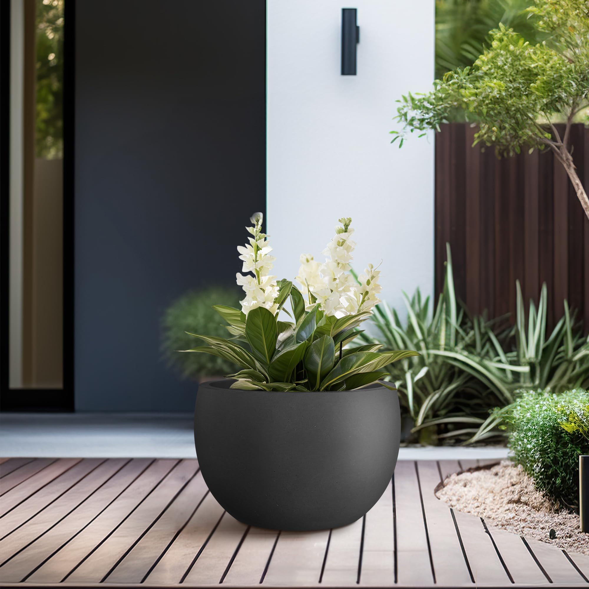 Kante 11.8" Dia Round Concrete Planter, Outdoor/Indoor Large Bowl Plant Pots with Drainage Hole and Rubber Plug for Garden Patio Balcony Home, Black - Image 6
