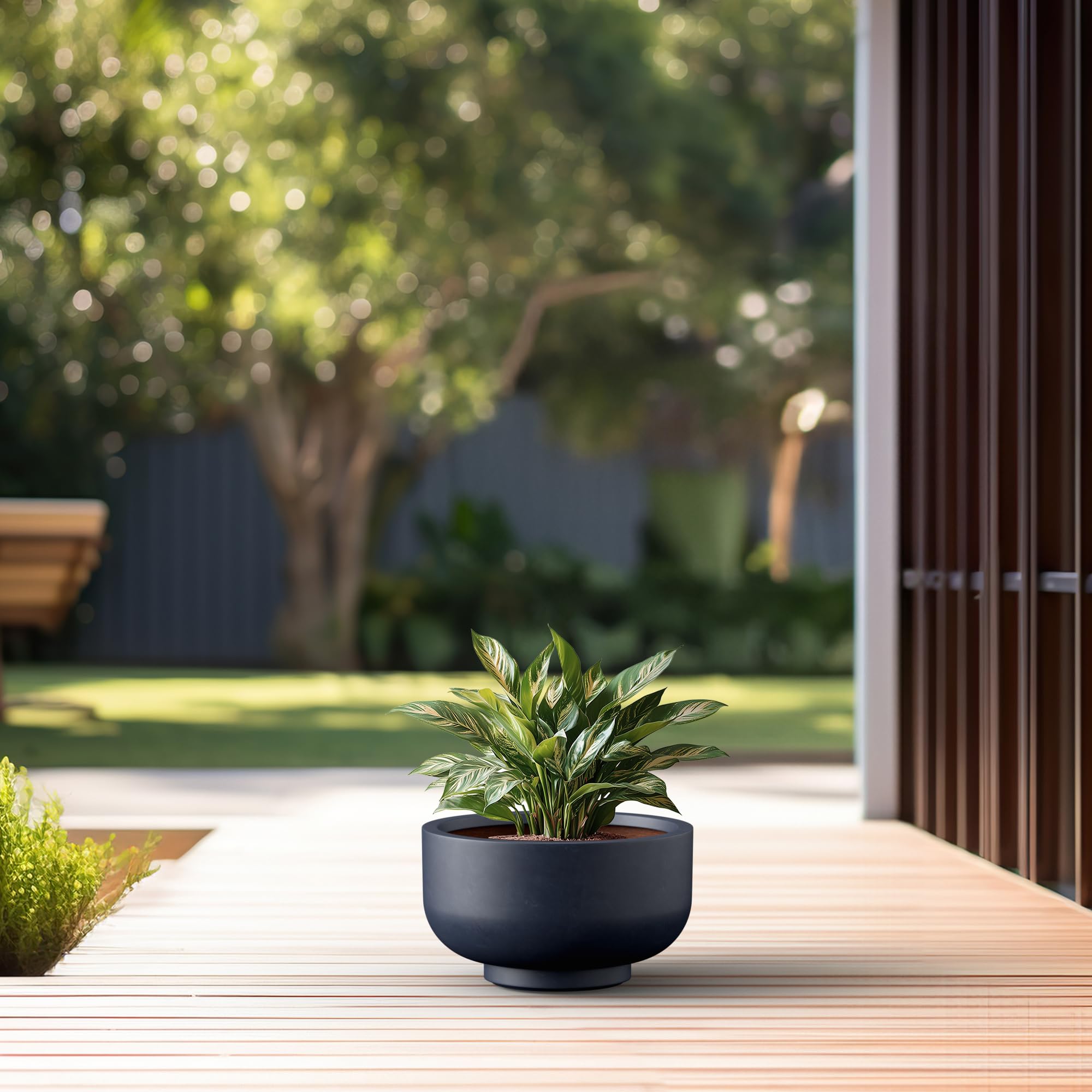 Kante 13.8 Inch Dia Concrete Bowl Planter, Large Tapered Bottom Plant Pot with Drainage, Smooth Charcoal Finish with Painted Interior, Ideal for Porch, Home, Garden, Patio - Image 3