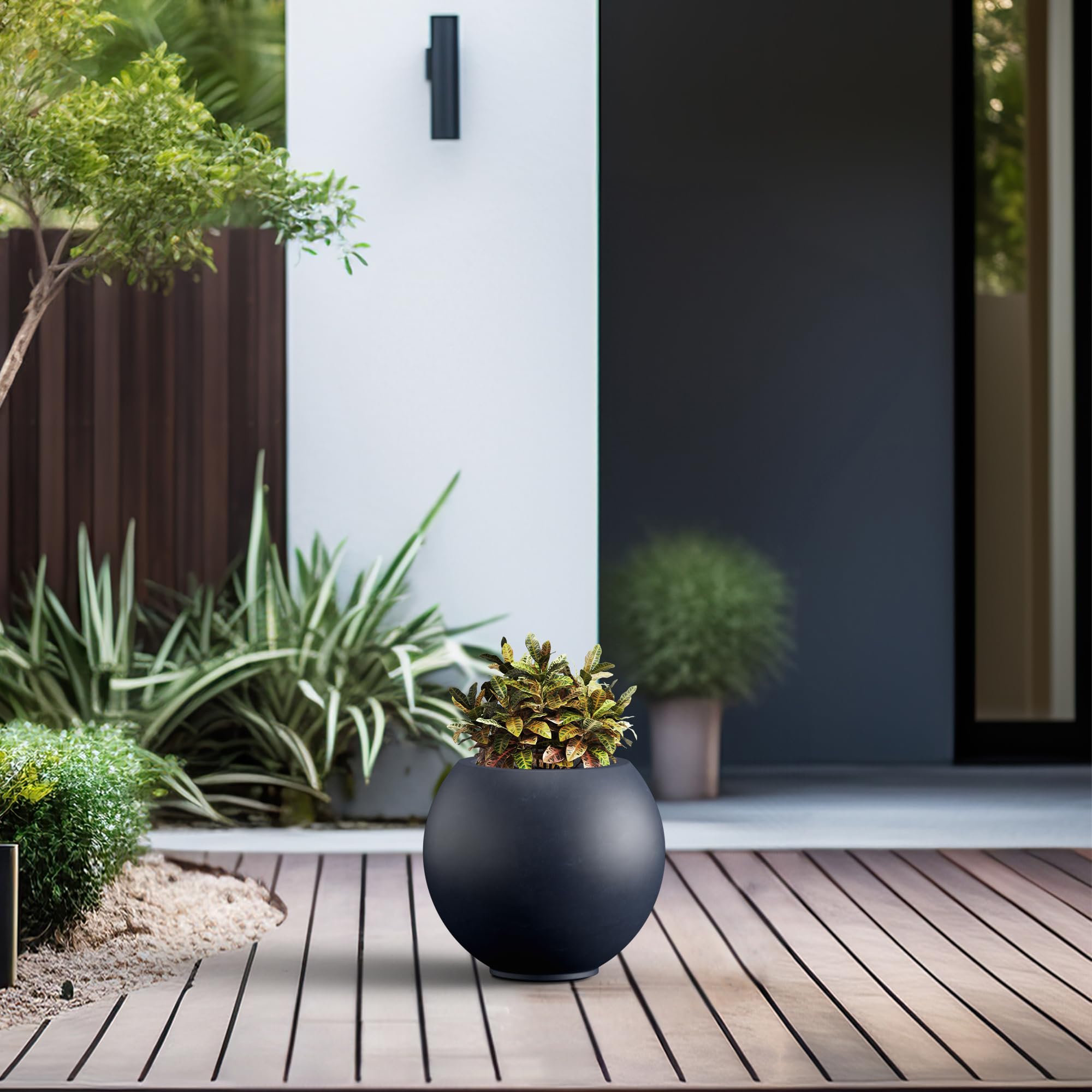 Kante Round Concrete Flower Pot, 11 Inch Dia (7.9" Opening) Sphere Shape Design Planter with Drainage Hole and Rubber Plug for Indoor & Outdoor Plants, Charcoal Finish with Painted Interior - Image 3