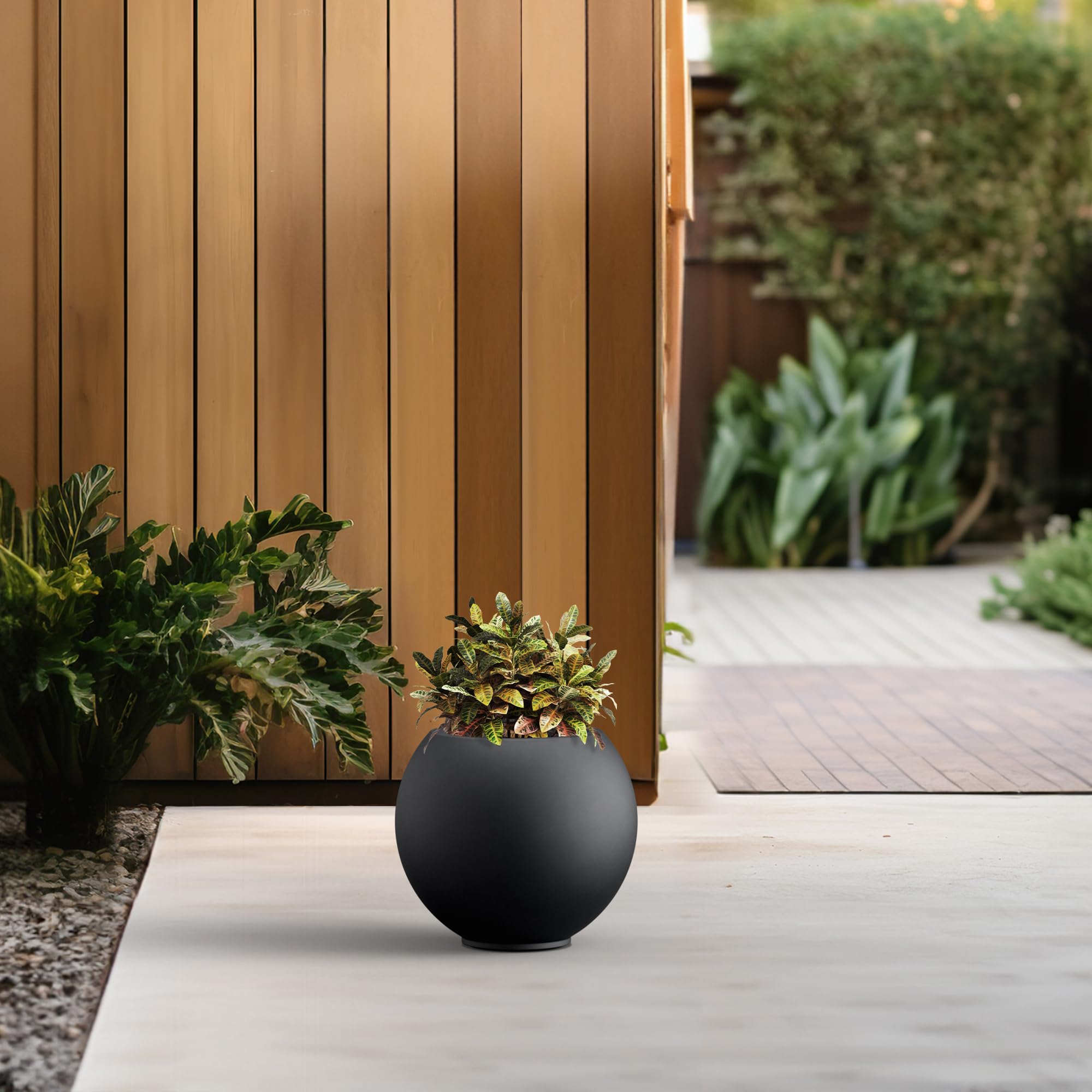 Kante Round Concrete Flower Pot, 11 Inch Dia (7.9" Opening) Sphere Shape Design Planter with Drainage Hole and Rubber Plug for Indoor & Outdoor Plants, Black Finish with Painted Interior - Image 6