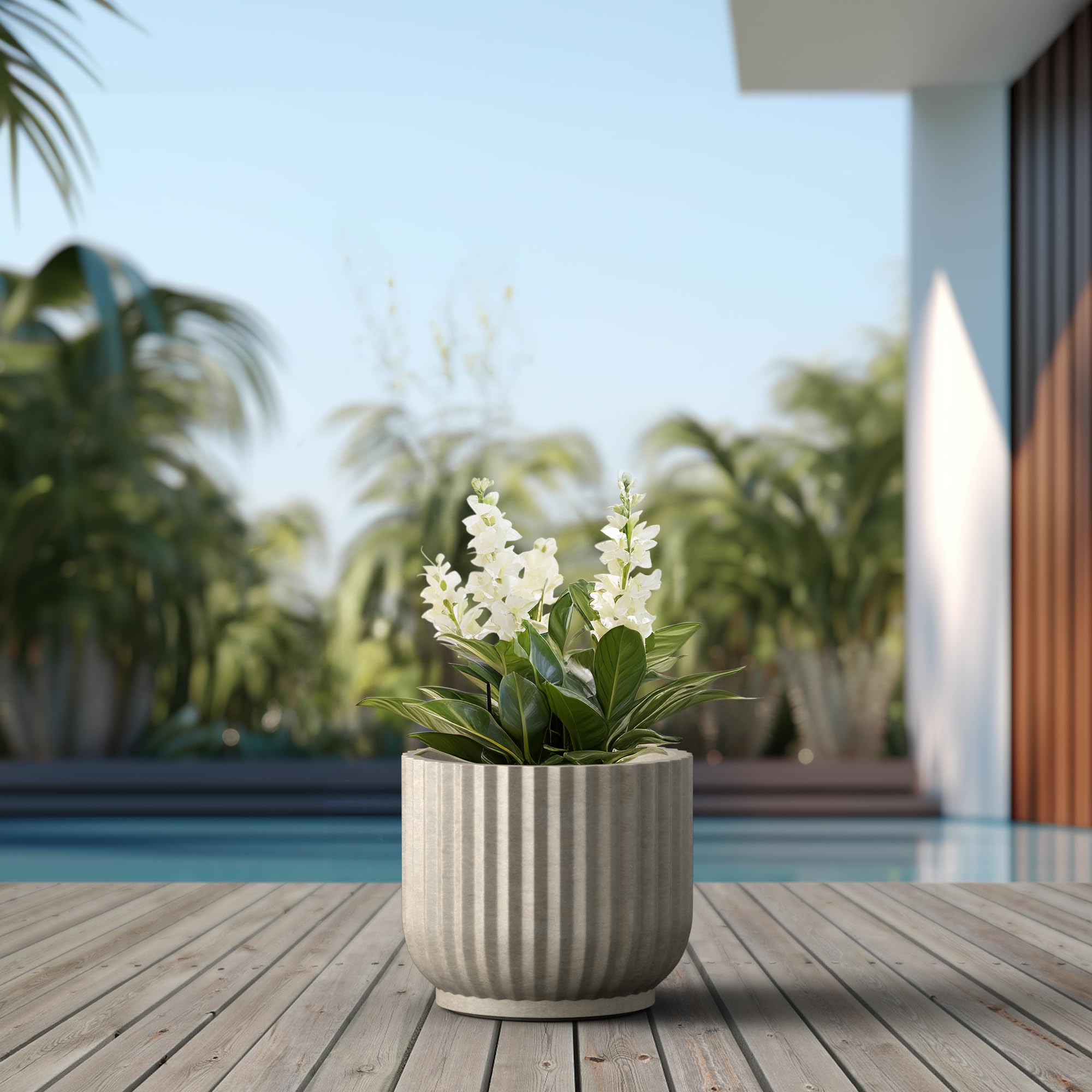 Kante Round Fulted Planter, 14 Inch Dia Large Concrete Plant Pots with Drainage Hole and Rubber Plug, Modern Decor for Indoor Outdoor Plants, Flower, Weathered Concrete - Image 6