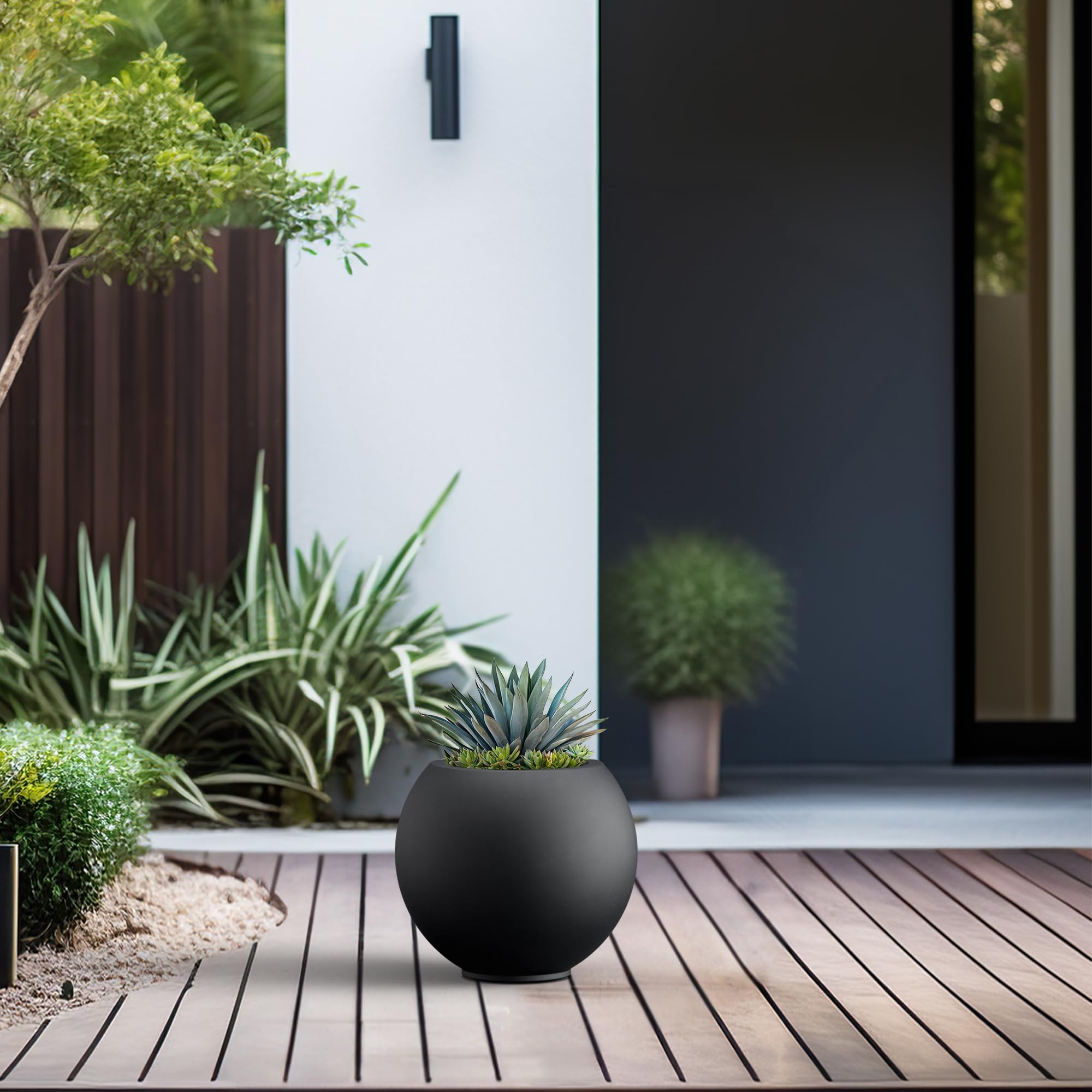 Kante Round Concrete Flower Pot, 11 Inch Dia (7.9" Opening) Sphere Shape Design Planter with Drainage Hole and Rubber Plug for Indoor & Outdoor Plants, Black Finish with Painted Interior - Image 5