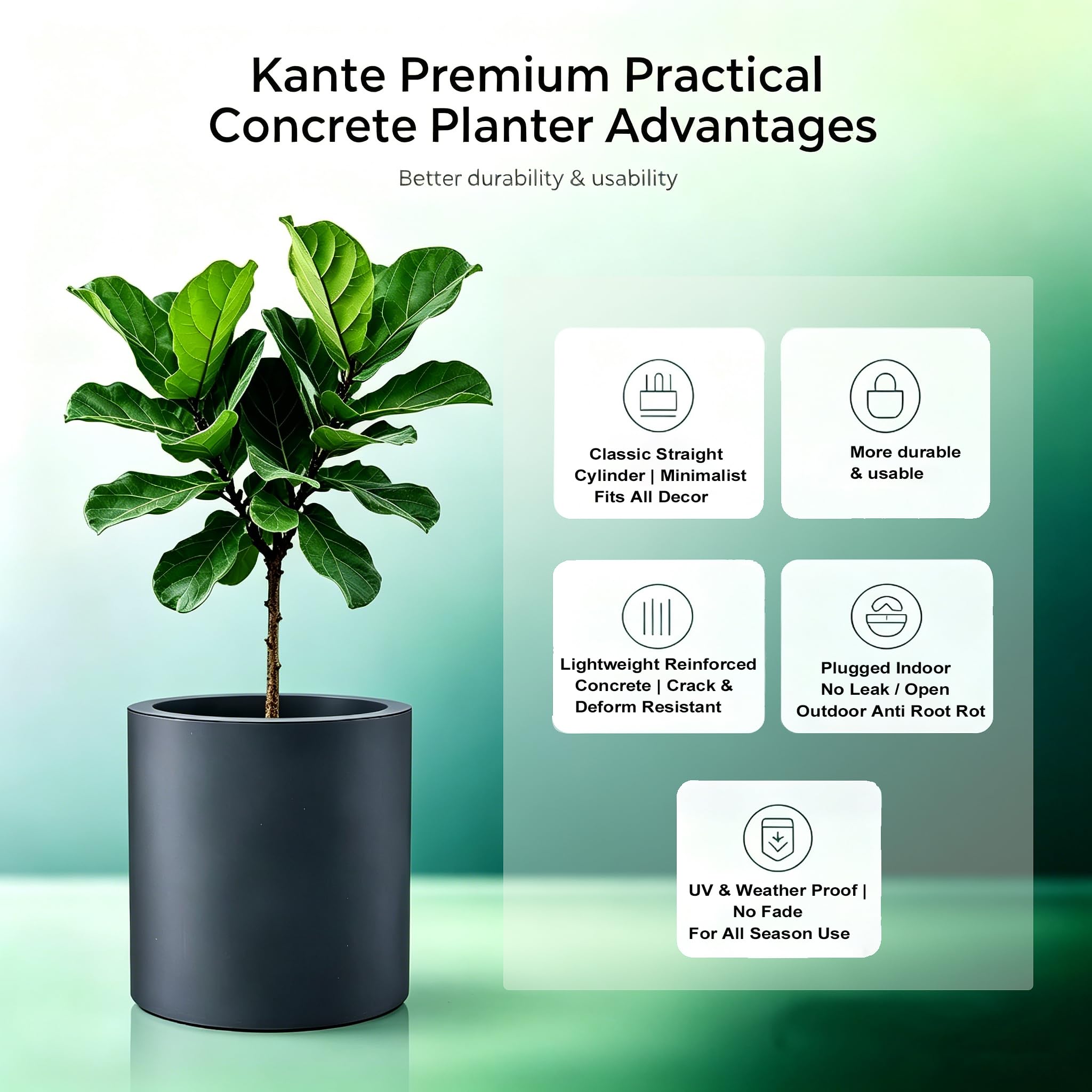 Kante 9.8" Medium Concrete Planter, Compact Cylinder Plant Pot with Drainage Hole & Rubber Plug Breathable Handmade Cement Container for Desk, Tabletop, Indoor Outdoor, Charcoal Gray - Image 3