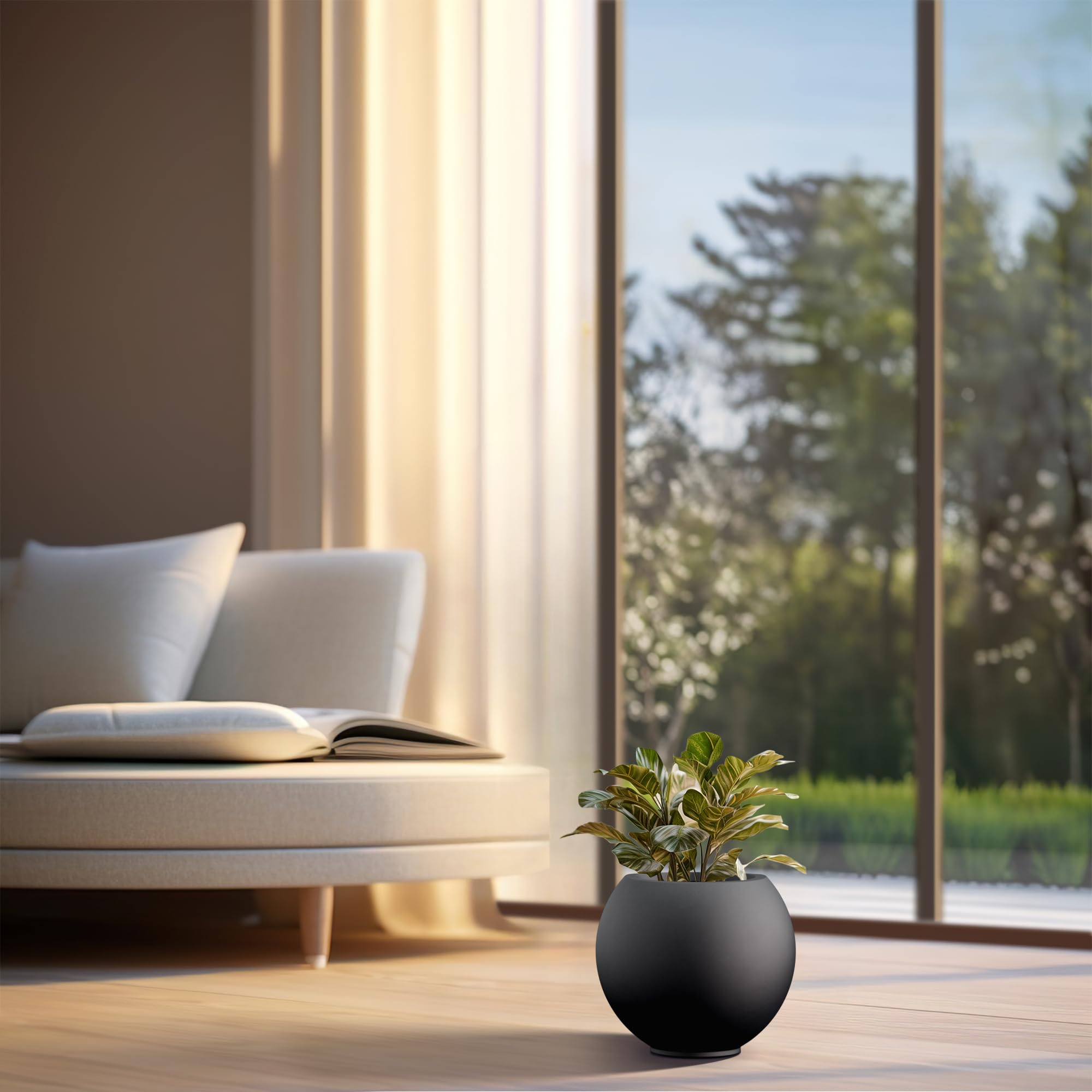 Kante Round Concrete Flower Pot, 11 Inch Dia (7.9" Opening) Sphere Shape Design Planter with Drainage Hole and Rubber Plug for Indoor & Outdoor Plants, Black Finish with Painted Interior - Image 3