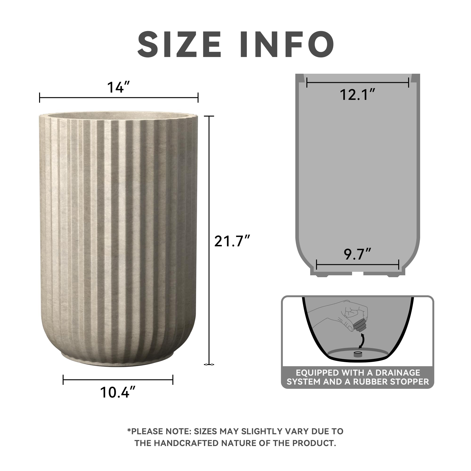 Kante Tall Fulted Planter, 21.7 Inch Tall Round Concrete Plant Pots with Drainage Hole and Rubber Plug, Modern Decor for Indoor Outdoor Plants, Flower, Weathered Concrete - Image 2