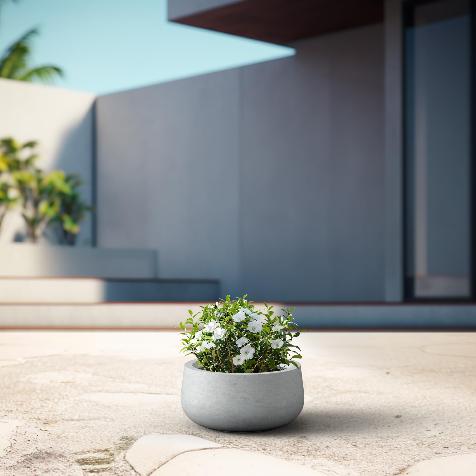 Kante 15.7" Dia Round Concrete Planter, Outdoor Indoor Garden Plant Pots with Drainage Hole and Rubber Plug, Modern Curvaceous Design, Natural Concrete - Image 6