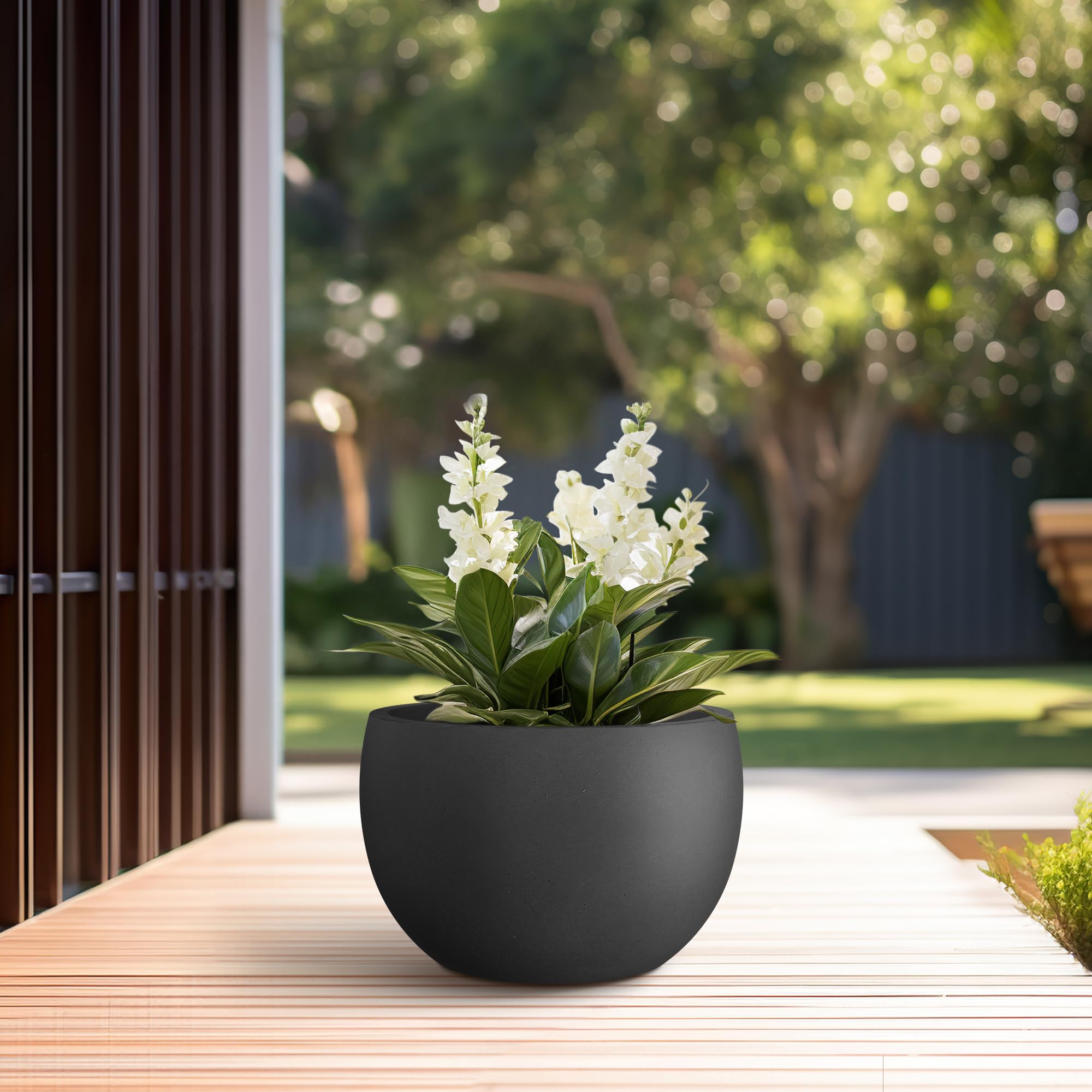 Kante 11.8" Dia Round Concrete Planter, Outdoor/Indoor Large Bowl Plant Pots with Drainage Hole and Rubber Plug for Garden Patio Balcony Home, Black - Image 3