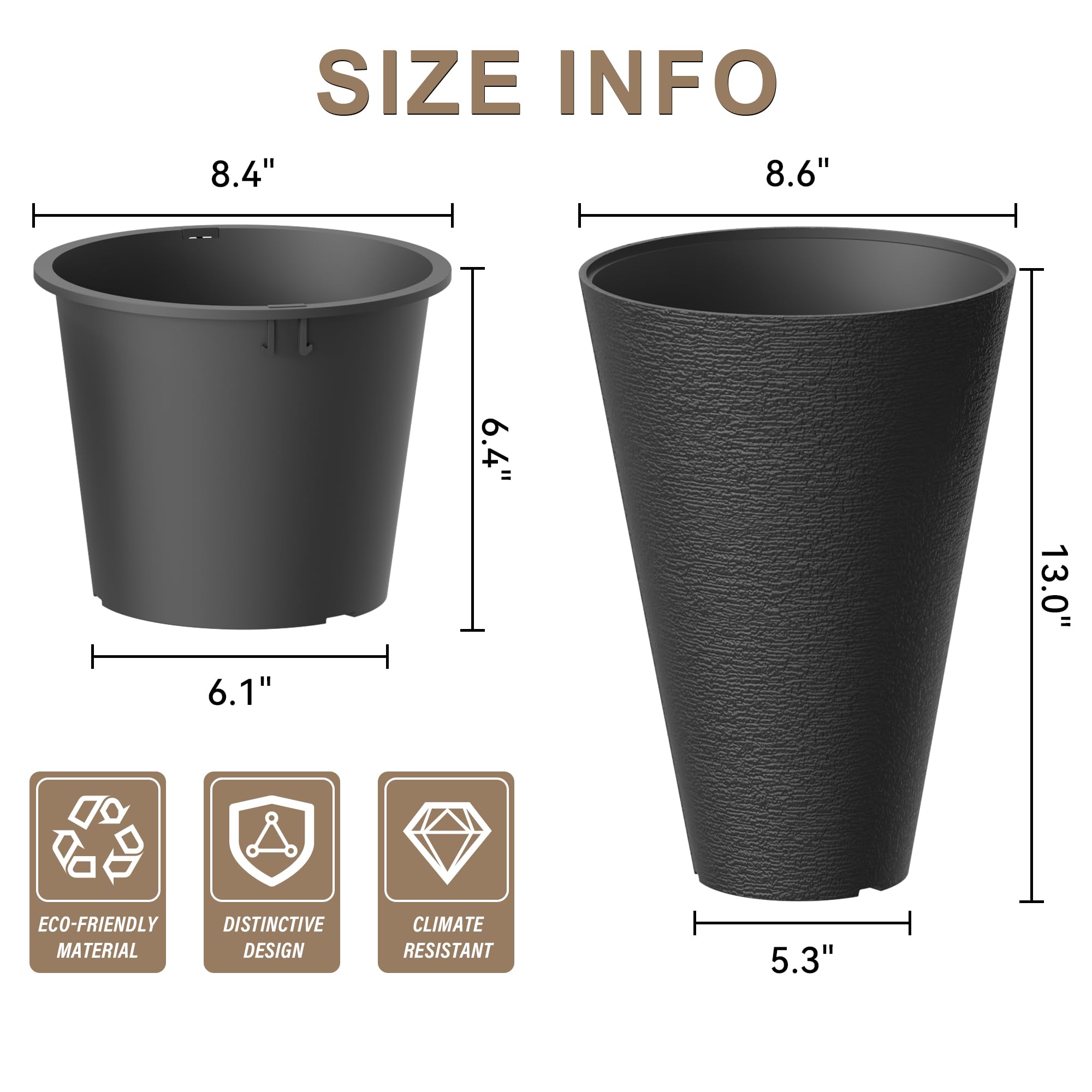 Kante Tall Round Planter Set of 2, 13 Inch Tall Decorative Planter Pots for Outdoor Indoor Garden Patio Front Porch (Black) - Image 2