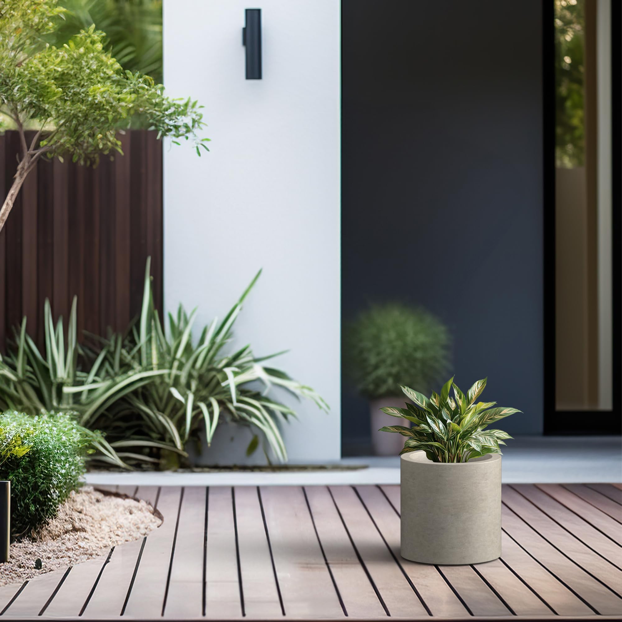 Kante 9.8" Dia Round Concrete Planter, Modern Style Large Cylindrical Plant Pot with Drainage Hole and Rubber Plug for Indoor Outdoor Patio, Weathered Concrete - Image 5