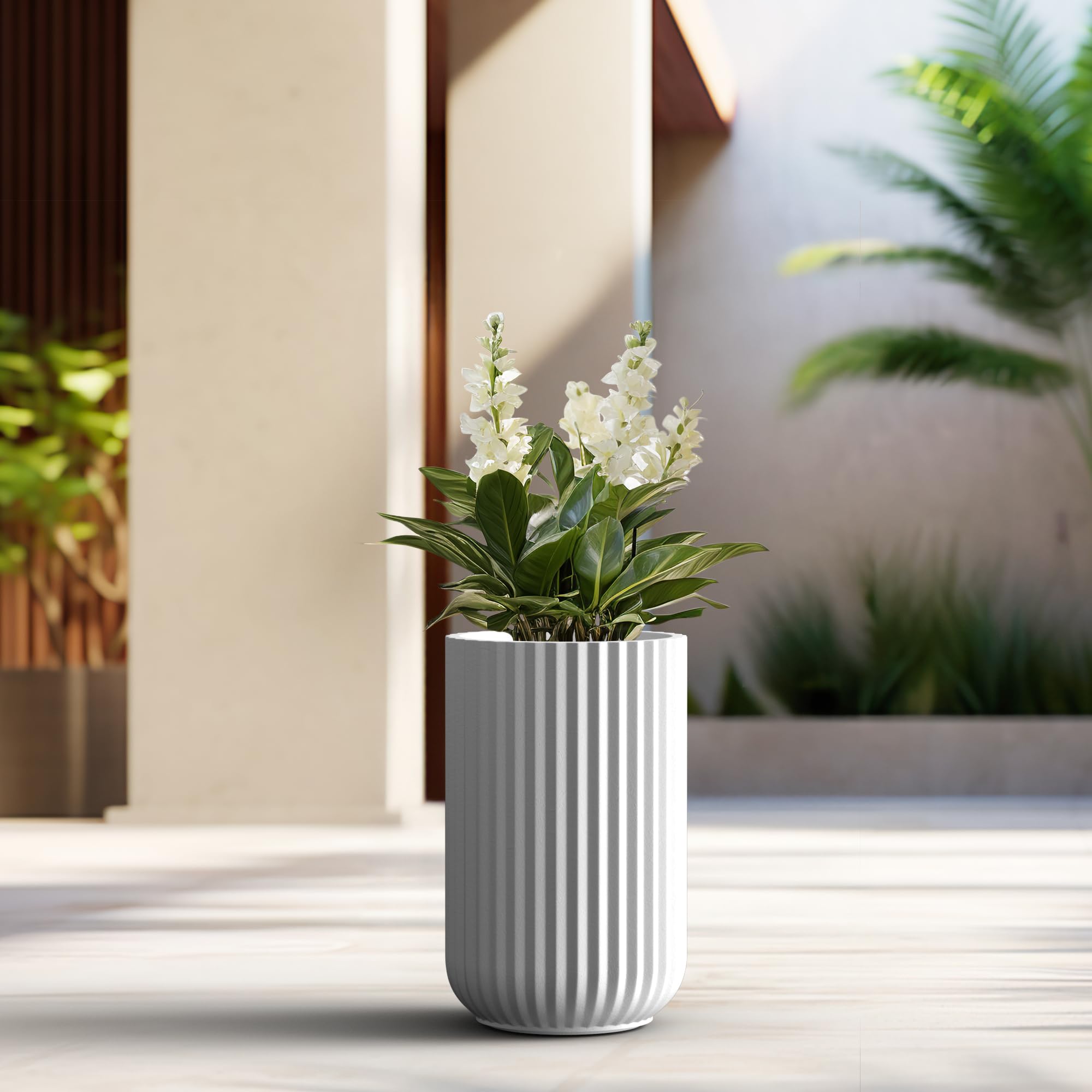 Kante Tall Fulted Planter, 17.7 Inch Tall Round Concrete Plant Pots with Drainage Hole and Rubber Plug, Modern Decor for Indoor Outdoor Plants, Flower, White - Image 6
