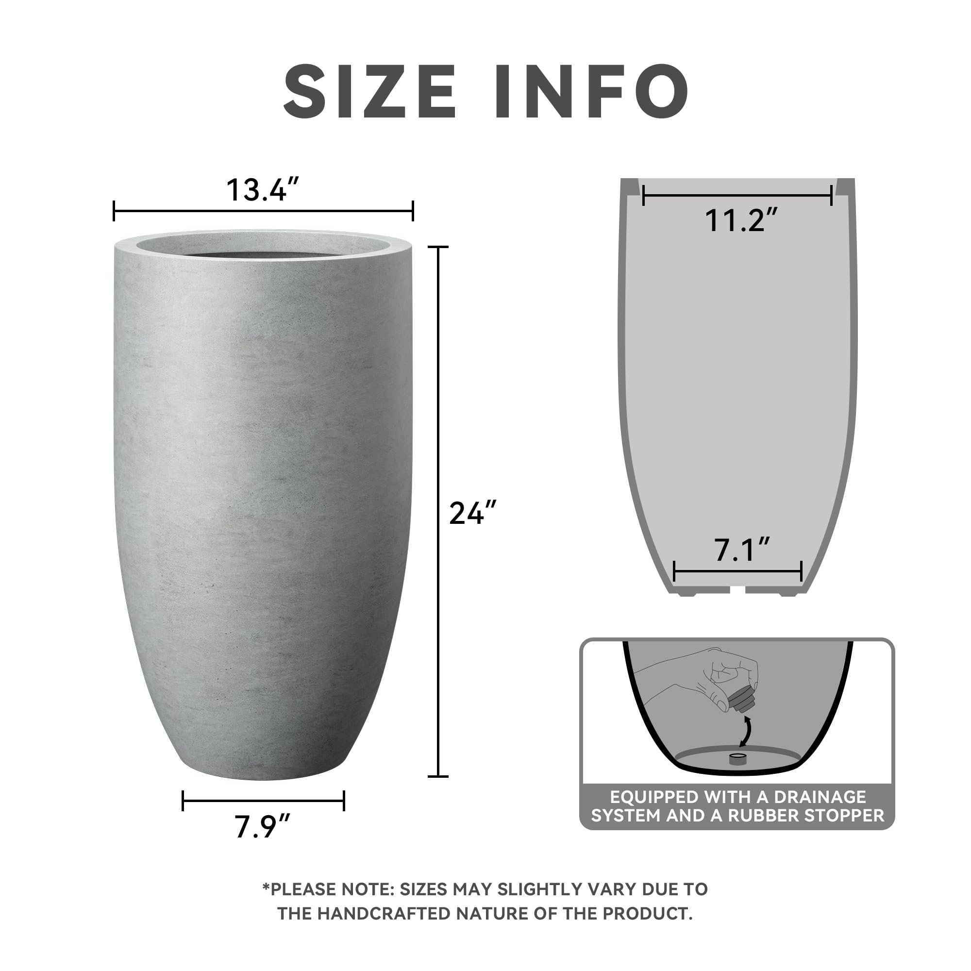 Kante 24 Inch Tall Round Concrete Planter, Large Indoor Outdoor Plant Pots with Drainage Hole and Rubber Plug, Modern Decorative Garden Pots for Home Patio Porch, Natural Concrete - Image 2