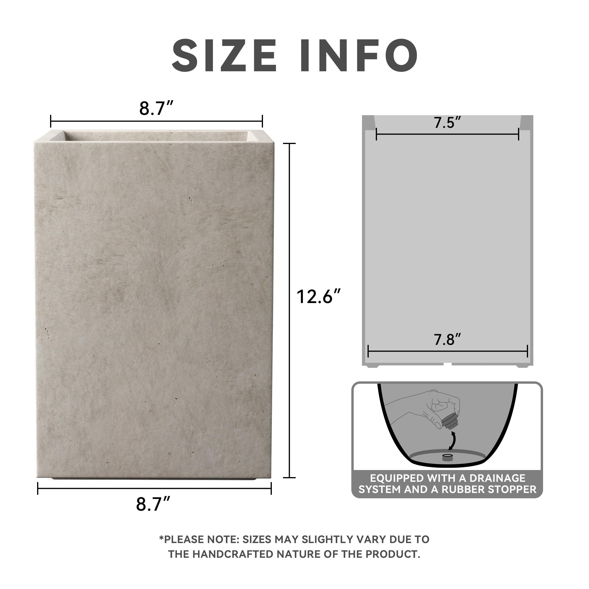 Kante 12.6" H Tall Rectangular Concrete Planters, Outdoor Indoor Lightweight Plant Pots with Drainage Hole and Rubber Plug, Modern Style for Home Garden Patio, Weathered Concrete - Image 2