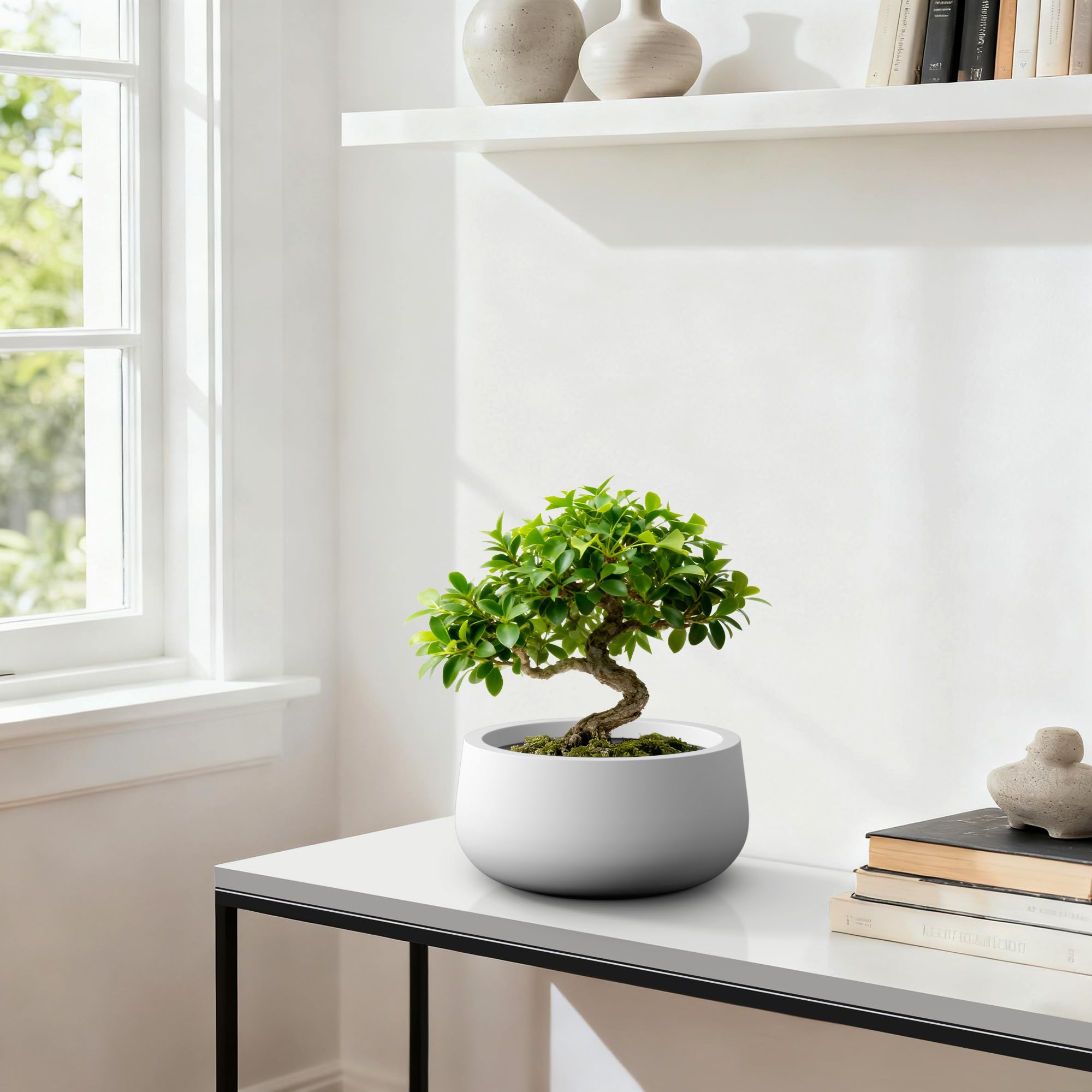 Kante 15.7" Dia Round Concrete Planter, Outdoor Indoor Garden Plant Pots with Drainage Hole and Rubber Plug, Modern Curvaceous Design, Pure White - Image 5