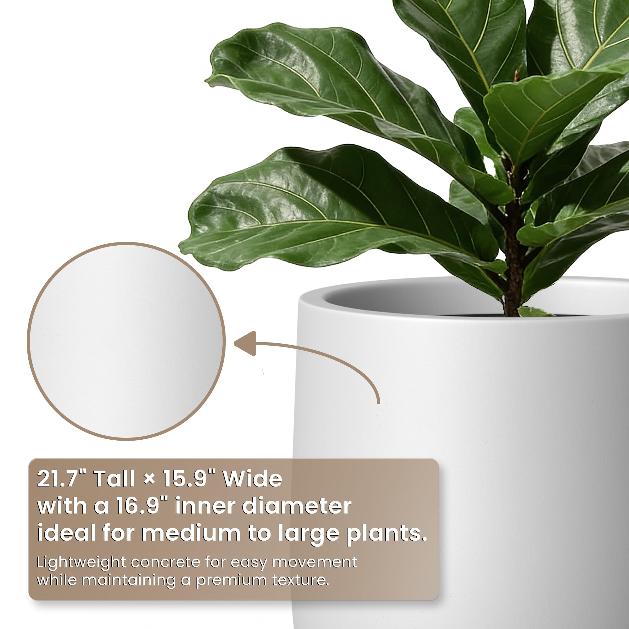 Kante 21.7" Tall White Concrete Planter, Large Decorative Round Planter with Drainage Hole & Rubber Plug, Handmade Weather Resistant for Indoor Outdoor Home Garden, Weathered White Finish - Image 4