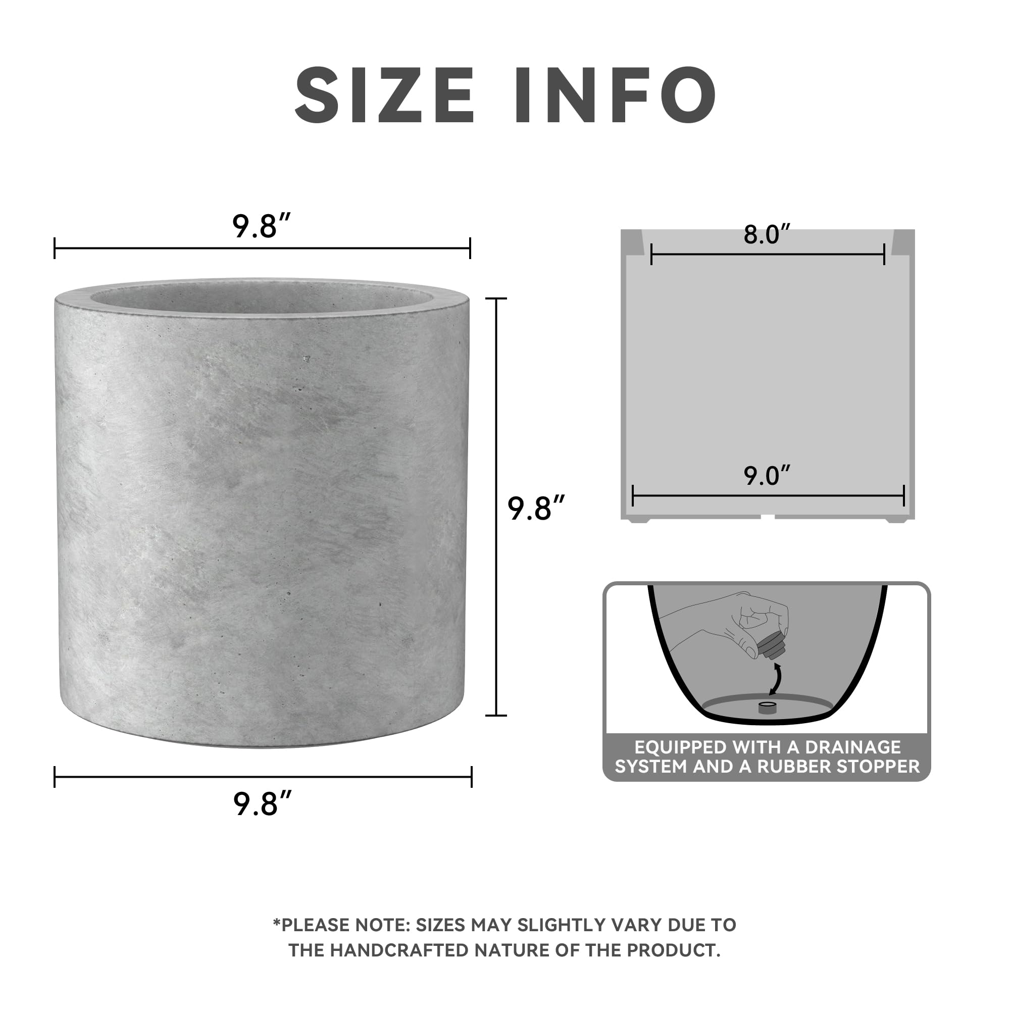 Kante 9.8" Dia Round Concrete Planter, Modern Style Large Cylindrical Plant Pot with Drainage Hole and Rubber Plug for Indoor Outdoor Patio, Natural Concrete - Image 2