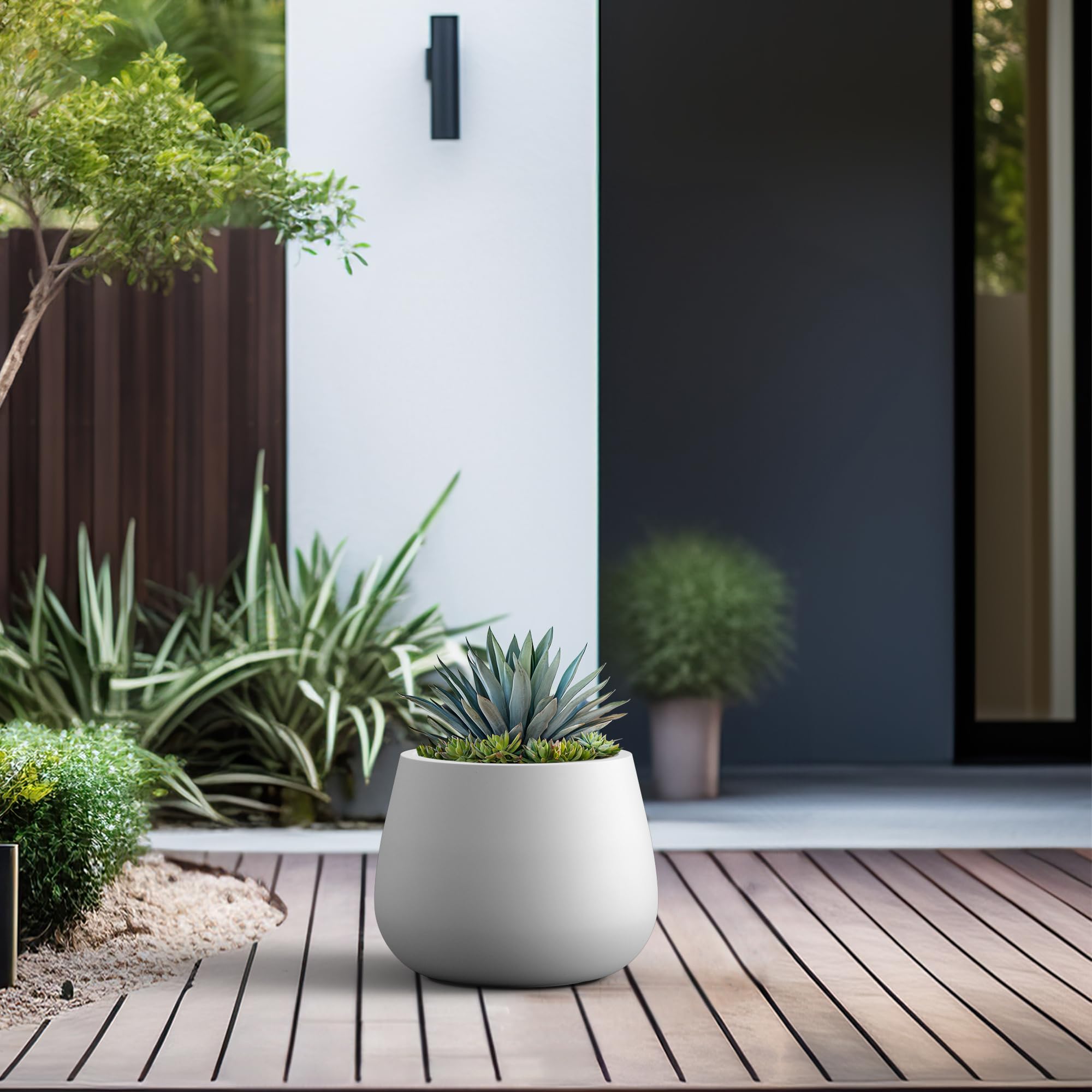 Kante 12.6" Dia Round Concrete Planter, Curva Style Garden Pot with Drainage Hole for Indoor & Outdoor Plants, Ideal for Tree, Flowers, Shrubs, White - Image 5