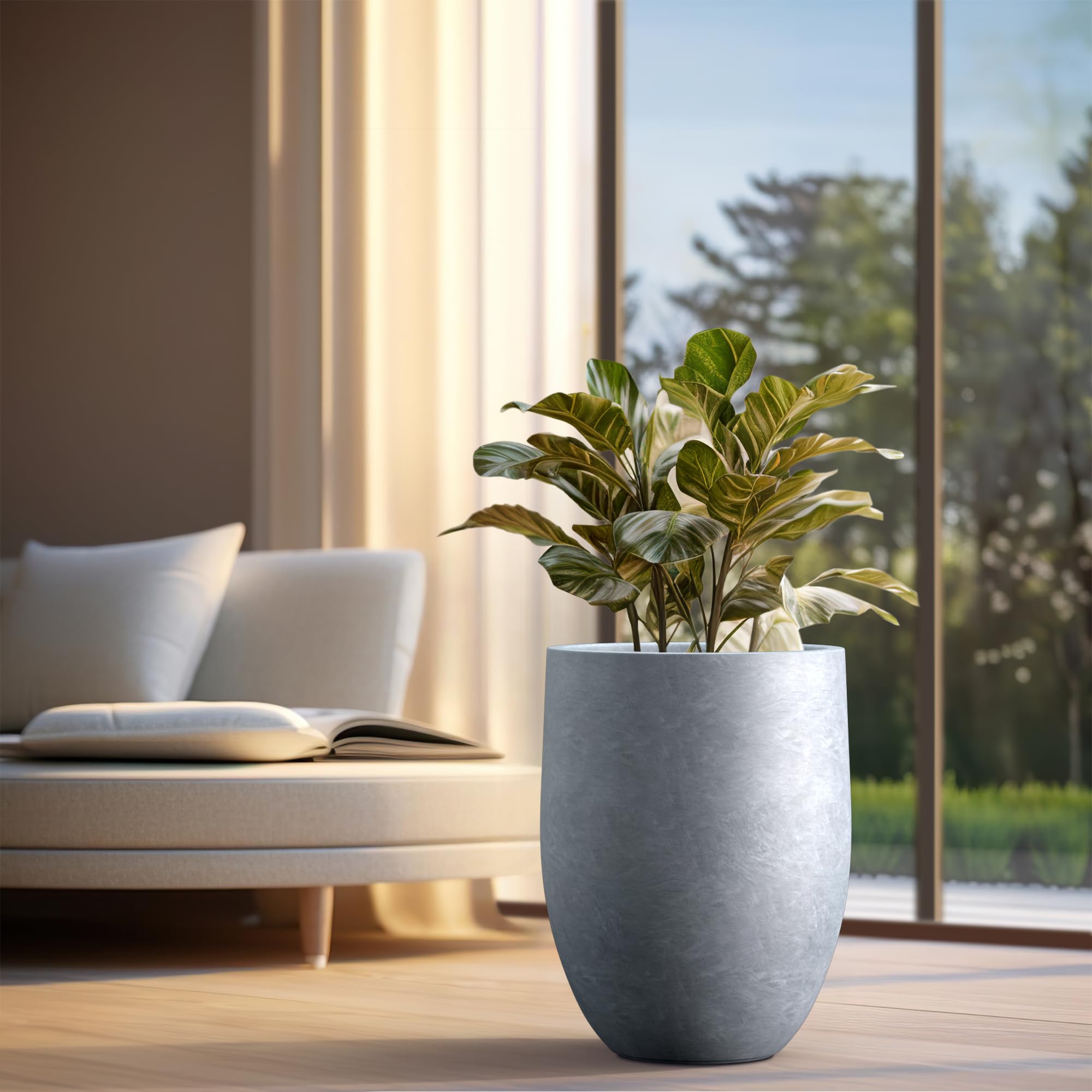 Kante Tall Concrete Planter, 21.7-Inch Height Blue-Gray Large Indoor Outdoor Plant Pot with Drainage Hole for Patio Garden Home, Modern Decor for Flowers and Tree - Image 6